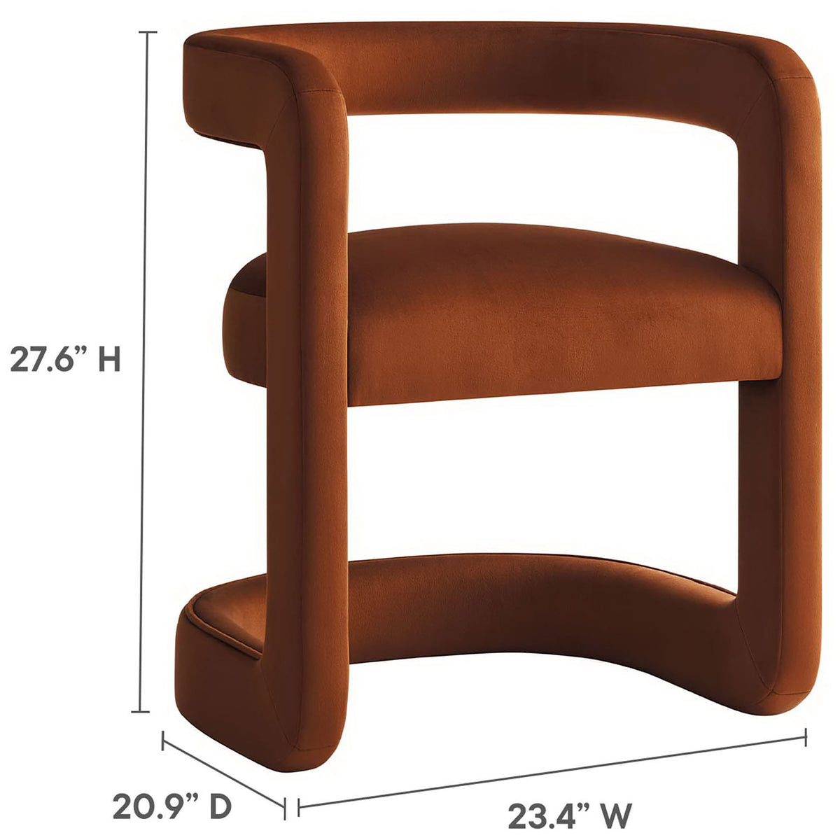 Compact barrel chair measures 27.6 H x 23.4 W x 20.9 D, ideal for modern living spaces || EEI-6778-RUS || dimension_studio