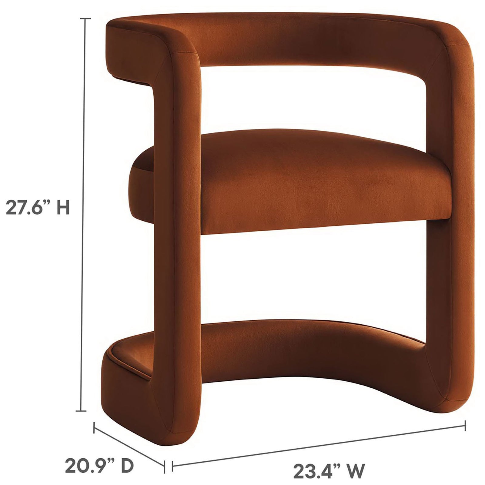 Compact barrel chair measures 27.6 H x 23.4 W x 20.9 D, ideal for modern living spaces || EEI-6778-RUS || dimension_studio