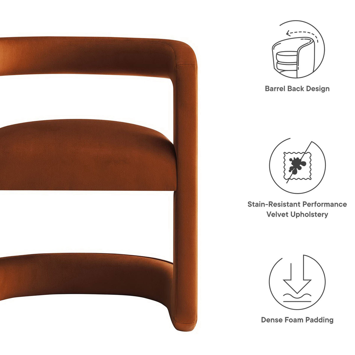 Barrel-back accent chair with stain-resistant performance velvet and dense foam comfort || EEI-6778-RUS || callout_studio