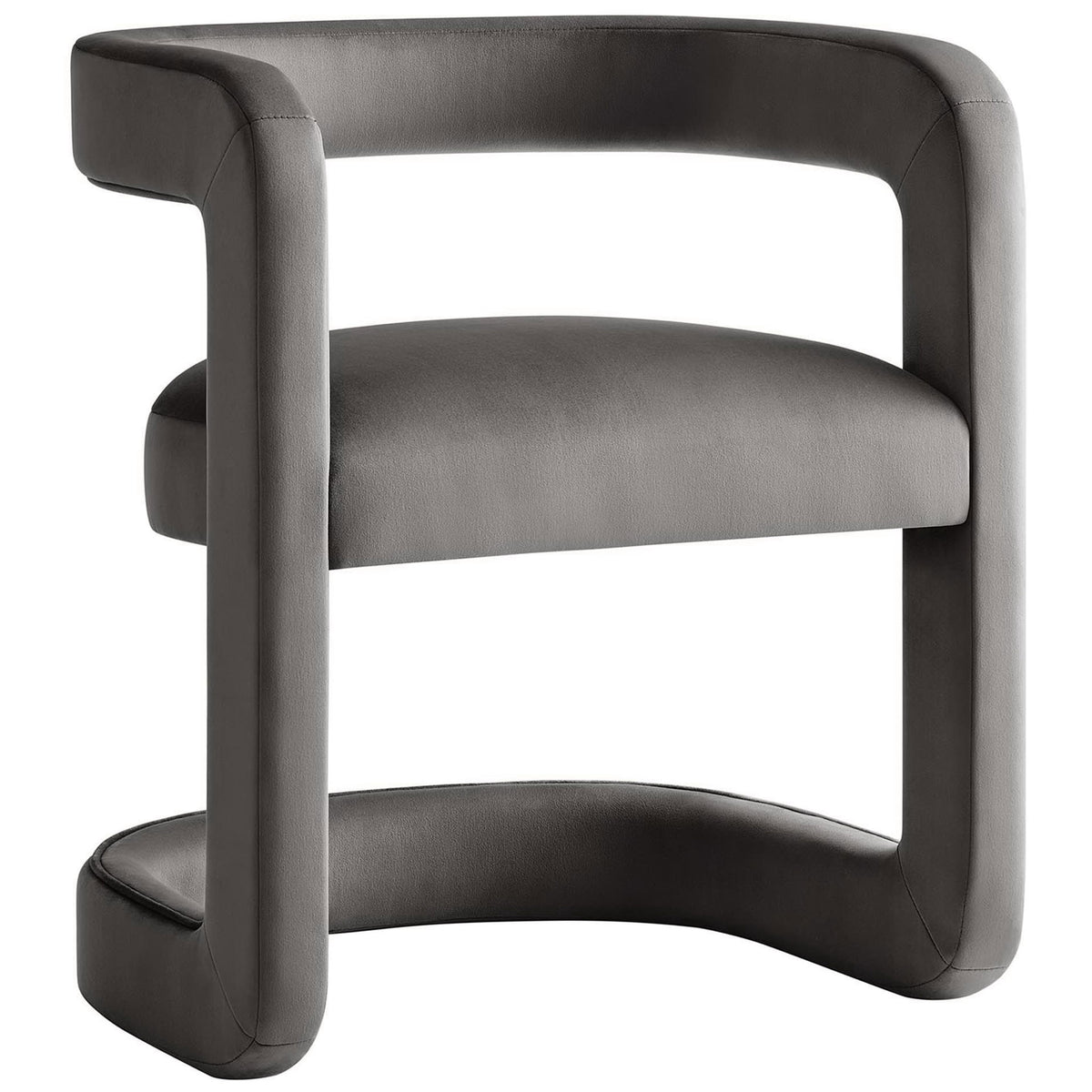 Sculptural barrel chair in storm gray performance velvet with wraparound armrest and open base || EEI-6778-STG || front_angle_studio