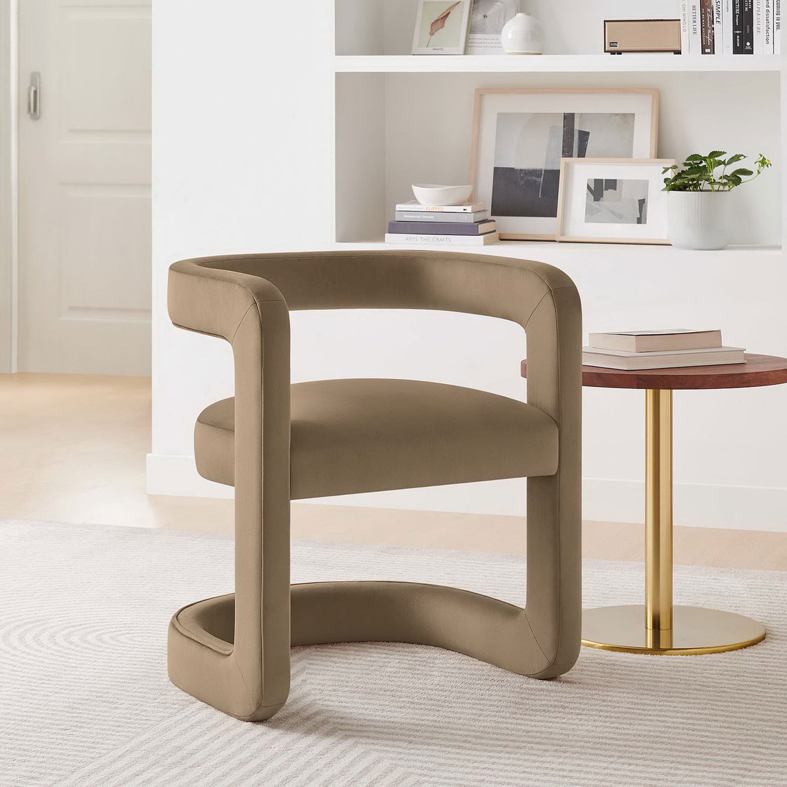 Modern taupe velvet chair adds a soft, sculptural touch and supportive comfort to any living space. || EEI-6778-TAU || front_room