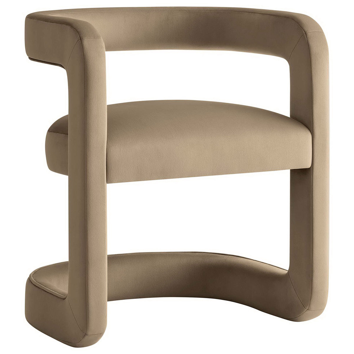 Curved open-back accent chair in stain-resistant taupe velvet, lending modern polish and cozy contours. || EEI-6778-TAU || front_angle_studio