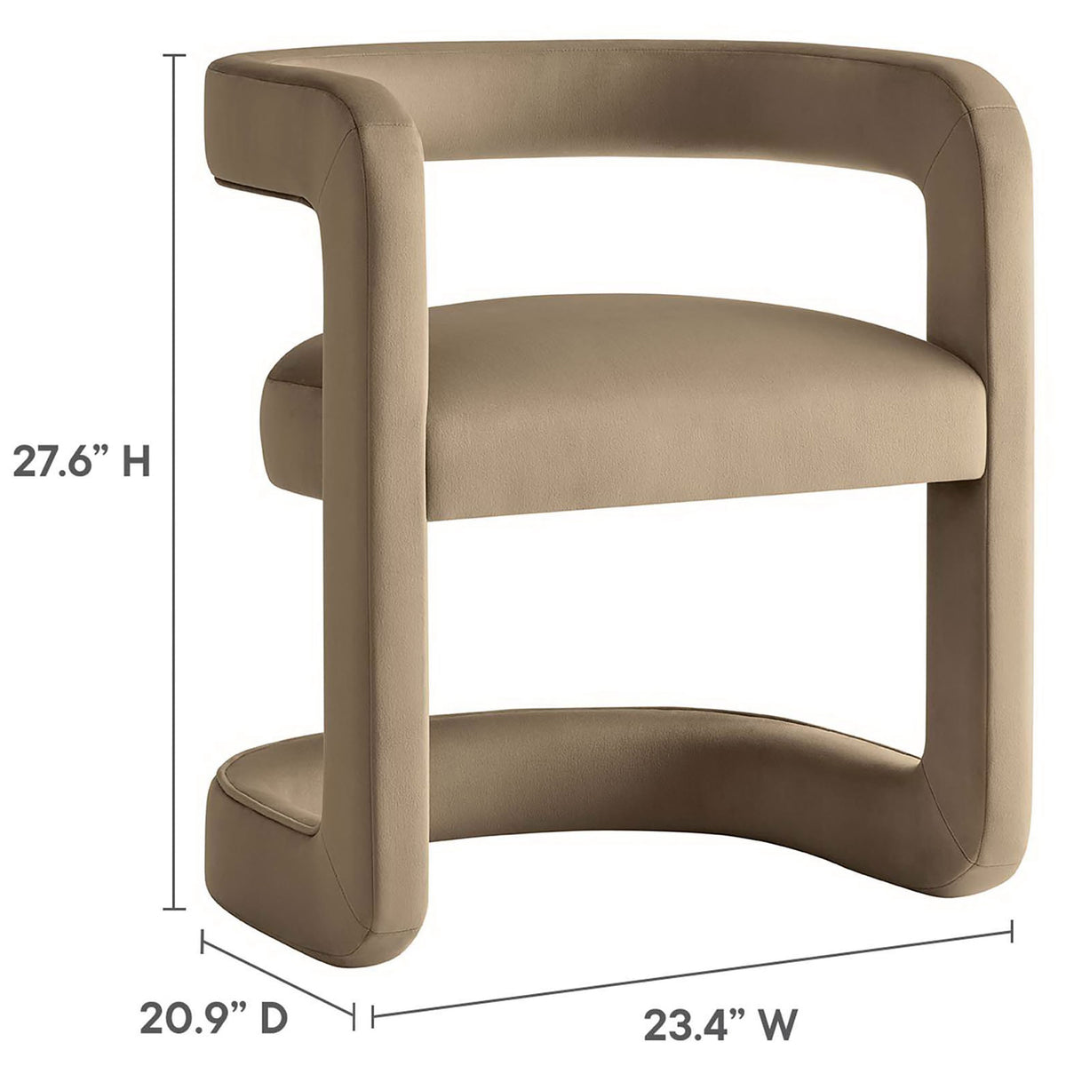 Compact, space-smart accent chair with supportive open back and comfortable seat in taupe velvet. || EEI-6778-TAU || dimension_studio