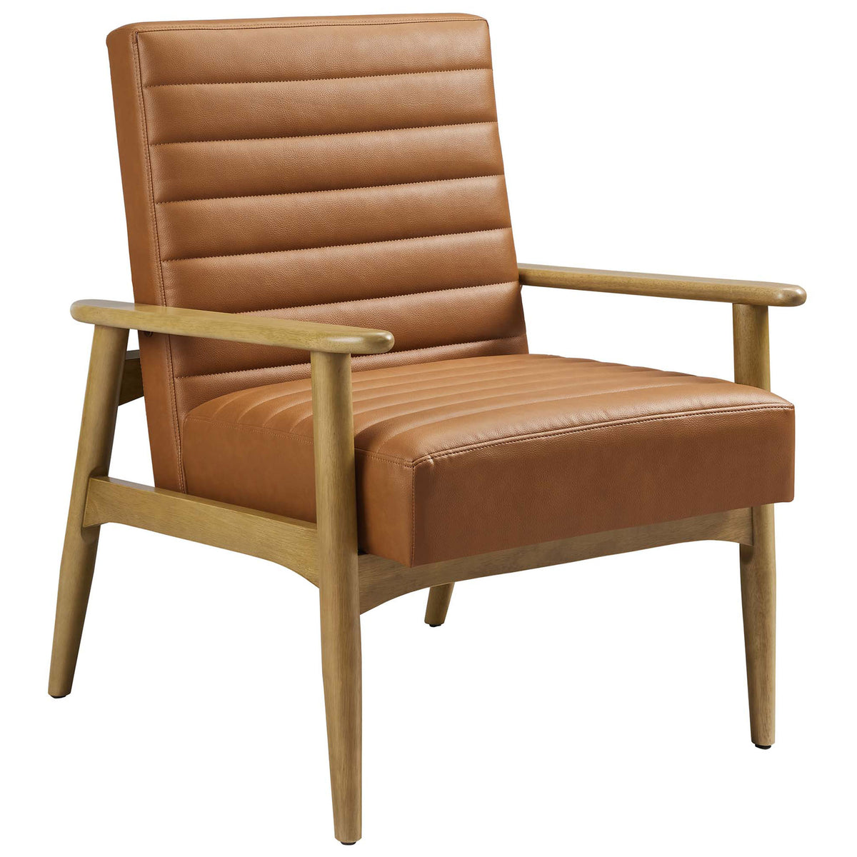Mid-century lines, open wood arms, and plush foam cushioning deliver everyday comfort with tailored style. || EEI-6779-FRO-TAN || front_angle_studio