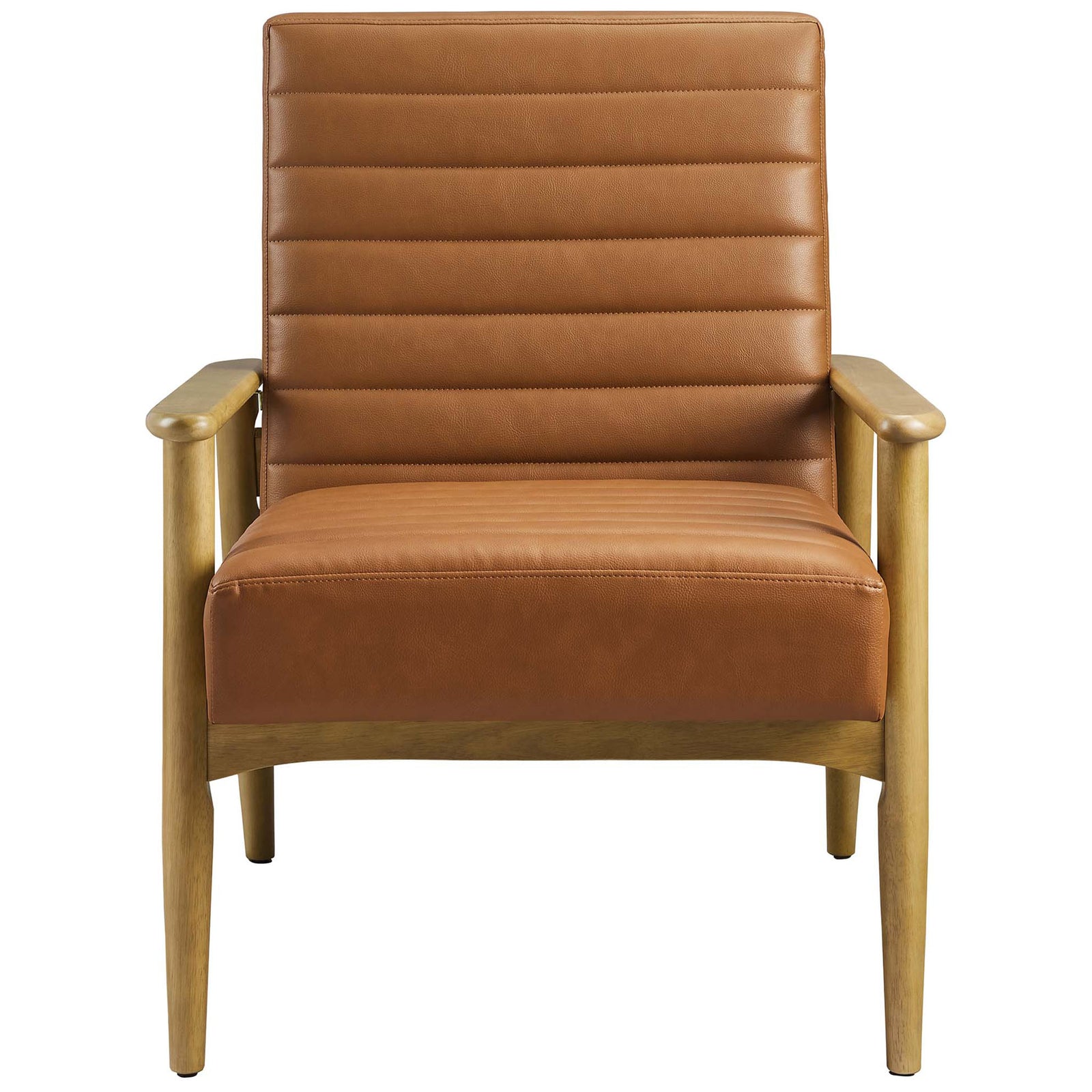 Channel-tufted tan vegan leather and a warm rubberwood frame create a refined, supportive lounge chair. || EEI-6779-FRO-TAN || front_studio