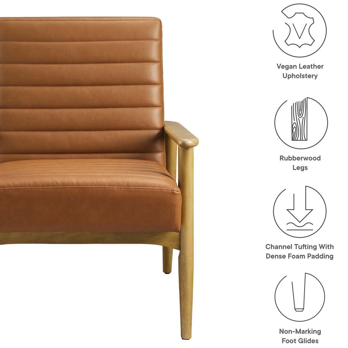 Vegan leather upholstery, rubberwood legs, dense foam channel tufting, and non-marking foot glides protect floors. || EEI-6779-FRO-TAN || callout_studio