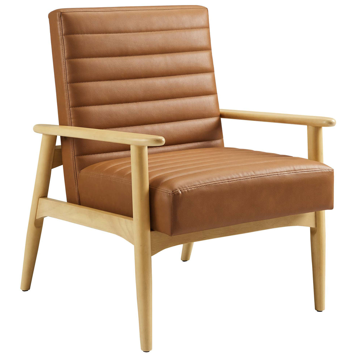 Natural tan vegan leather chair with channel tufting and tapered rubberwood frame || EEI-6779-NAT-TAN || front_angle_studio
