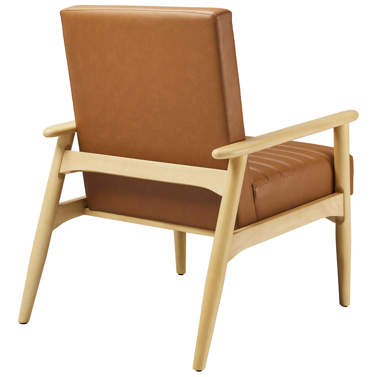 Smooth faux leather backrest and sculpted wood support showcase clean mid-century lines || EEI-6779-NAT-TAN || back_angle_studio