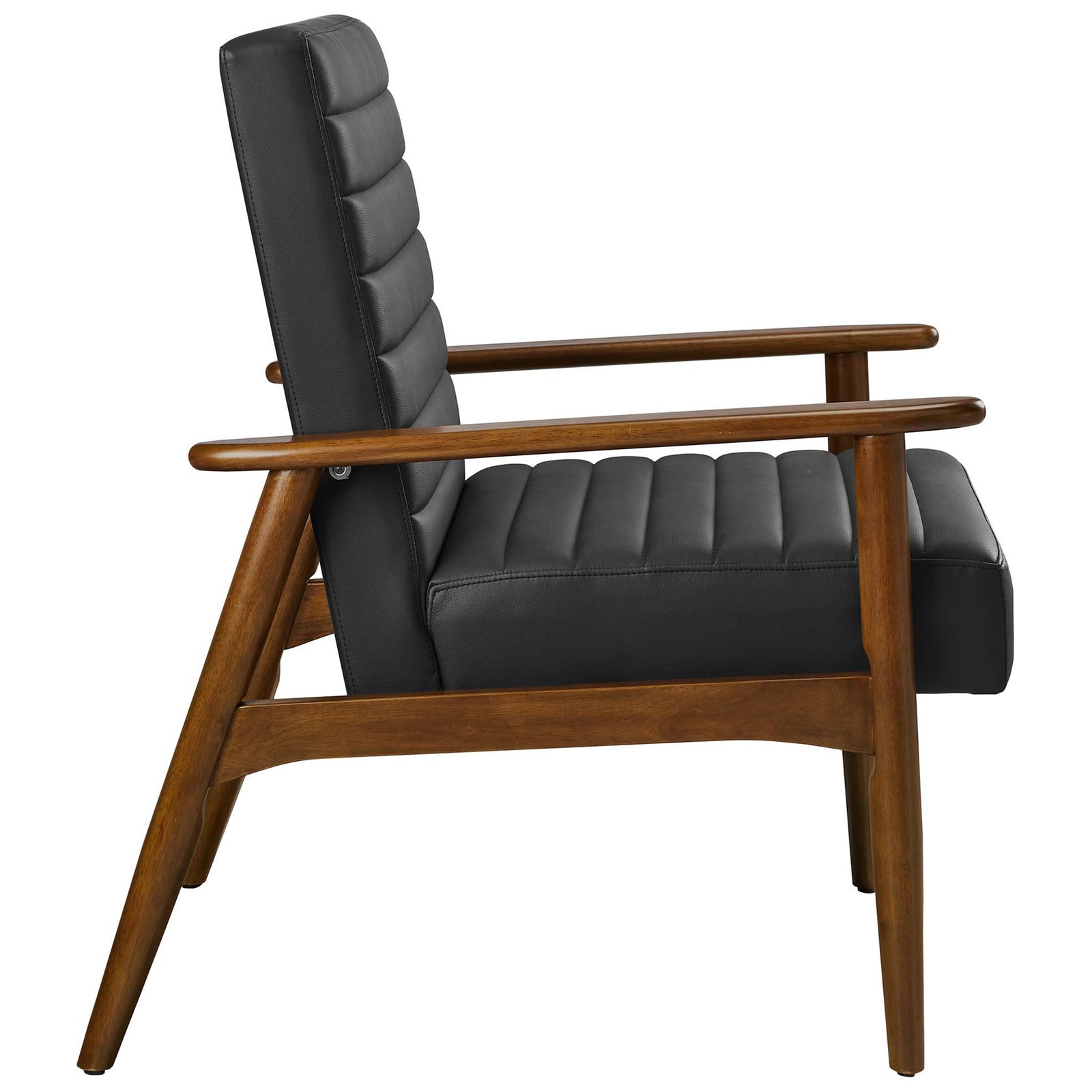 Low-profile silhouette with gently curved arms and supportive seat atop tapered walnut legs. || EEI-6779-WAL-BLK || side_studio
