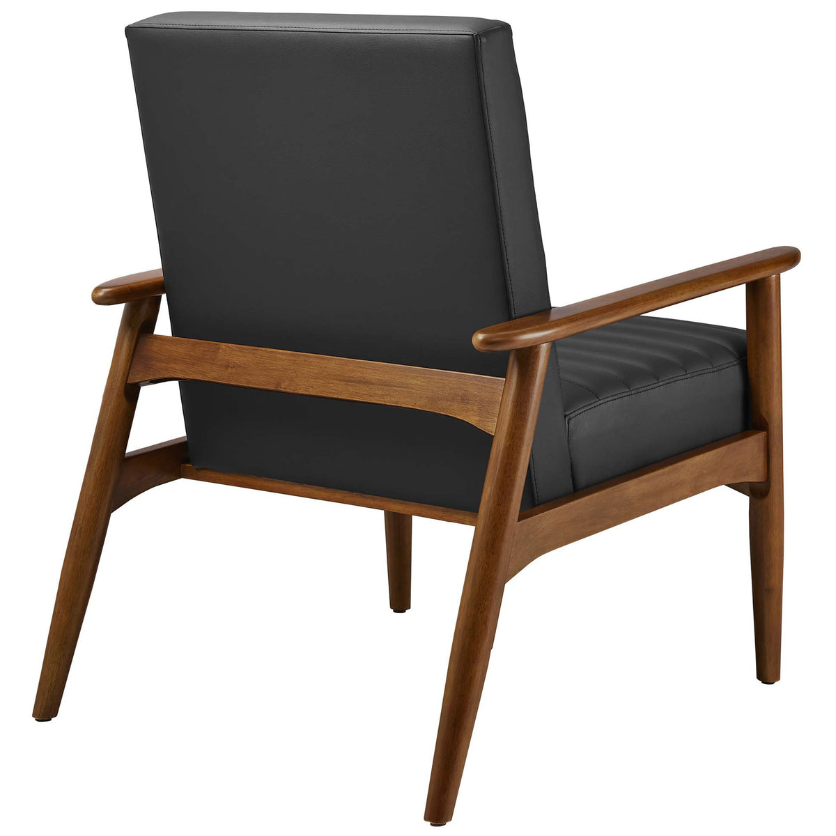 Clean-lined backrest and sculpted walnut frame highlight refined mid-century craftsmanship. || EEI-6779-WAL-BLK || back_angle_studio