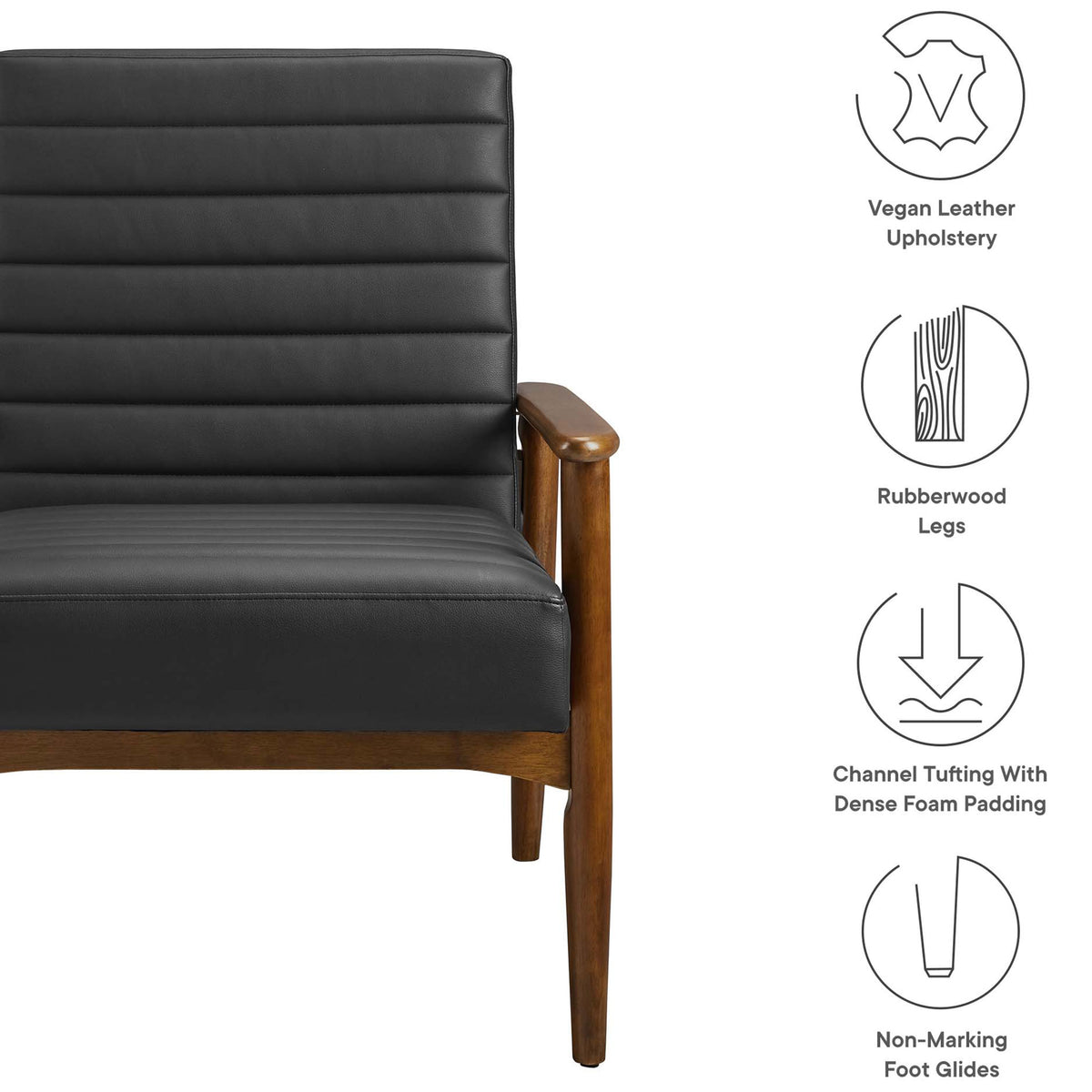 Durable vegan leather, sturdy rubberwood legs, plush channel tufting, and floor-safe glides. || EEI-6779-WAL-BLK || callout_studio