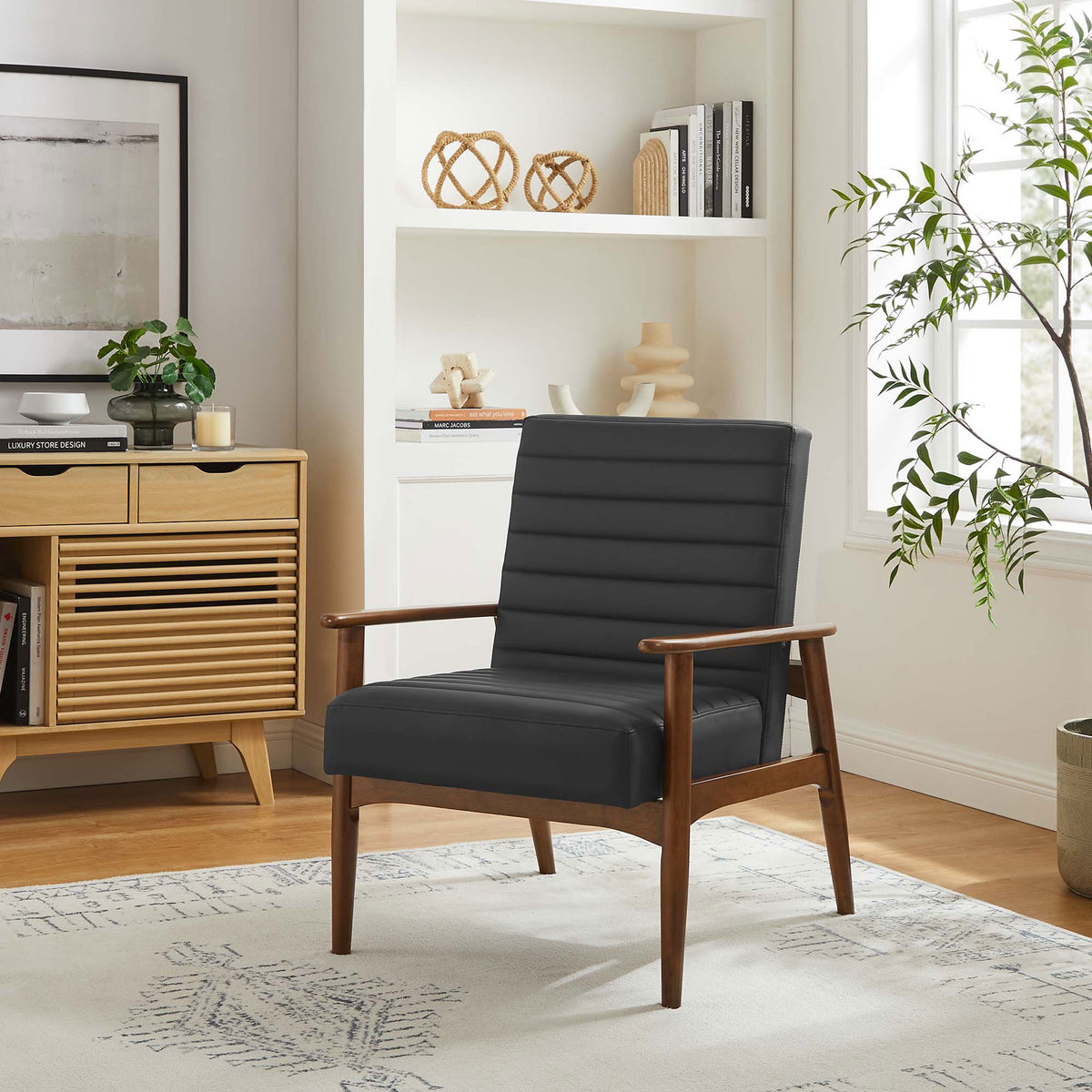 Elevates living rooms with timeless mid-century style and supportive channel-tufted comfort. || EEI-6779-WAL-BLK || front_angle_room