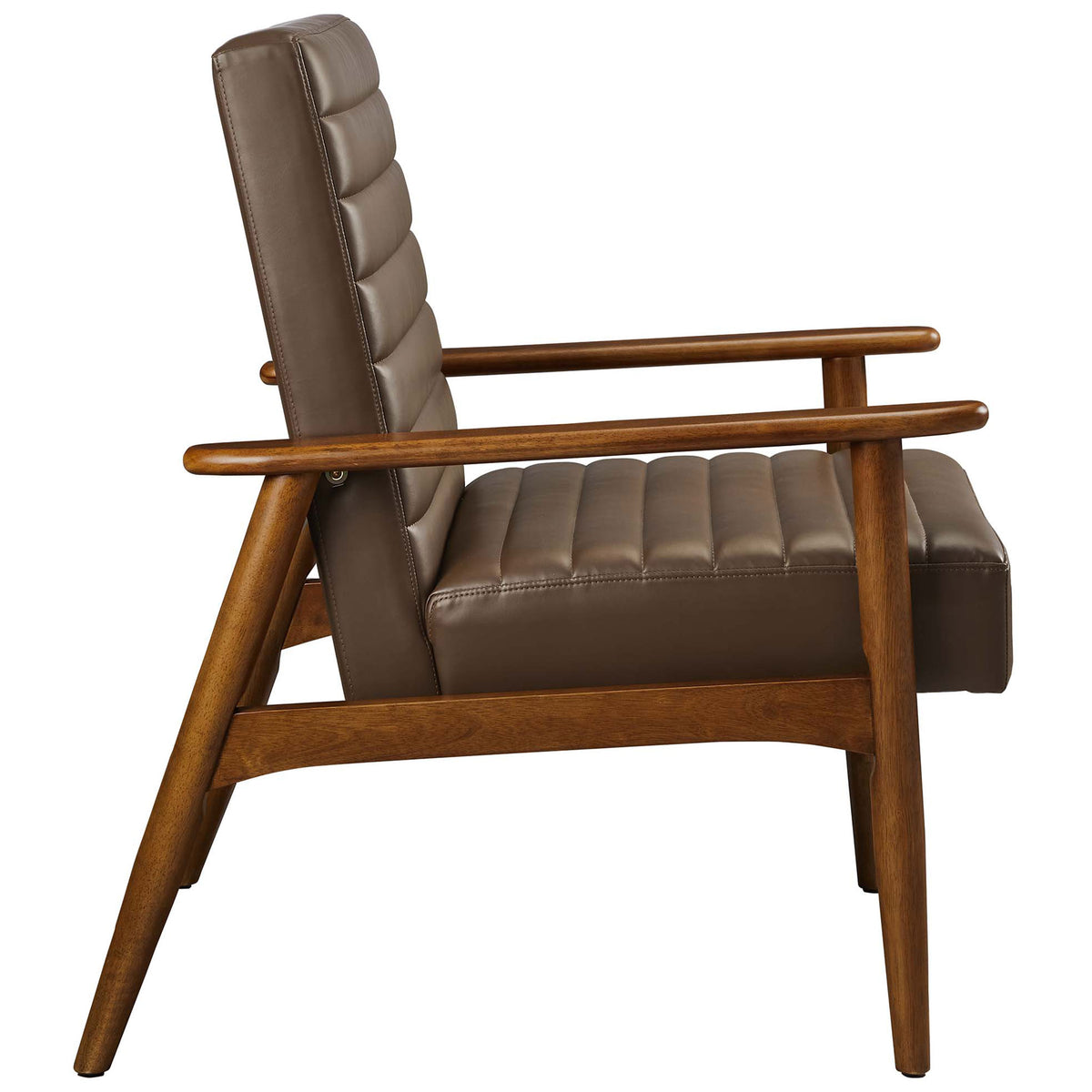 Slim rubberwood arms and tapered legs give this vegan leather chair a light, sculptural profile. || EEI-6779-WAL-BRN || side_studio