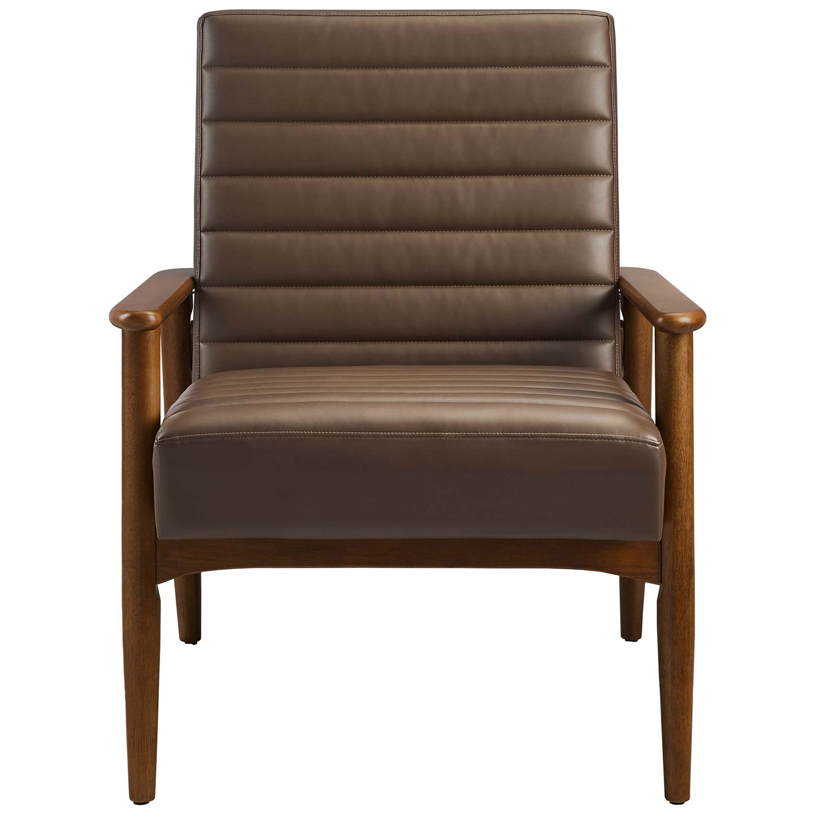 Streamlined vegan leather chair with horizontal channel tufting and a warm walnut wood frame. || EEI-6779-WAL-BRN || front_studio