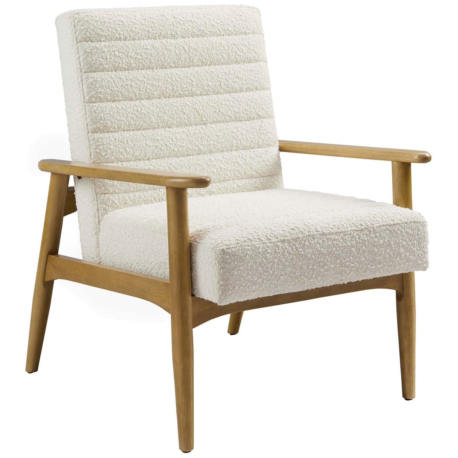 Curved rubberwood arms and splayed legs frame plush, textured boucle cushions in ivory || EEI-6780-FRO-IVO || front_angle_studio