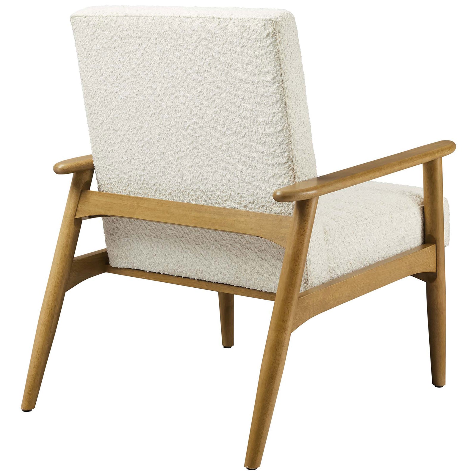 Sculpted rubberwood frame and splayed back legs complement the boucle-upholstered backrest || EEI-6780-FRO-IVO || back_angle_studio