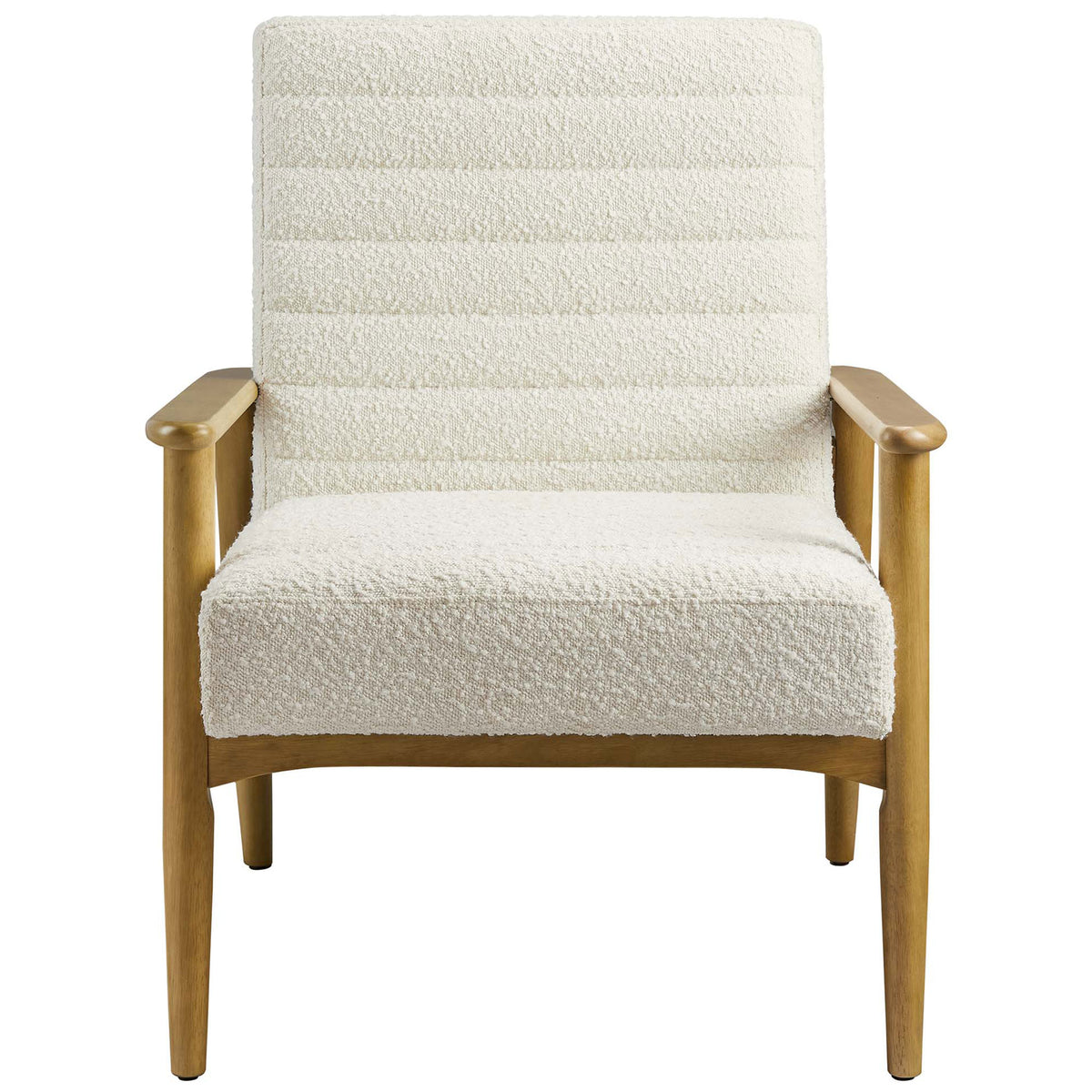 Ivory boucle accent chair with horizontal channel tufting and a warm rubberwood frame || EEI-6780-FRO-IVO || front_studio