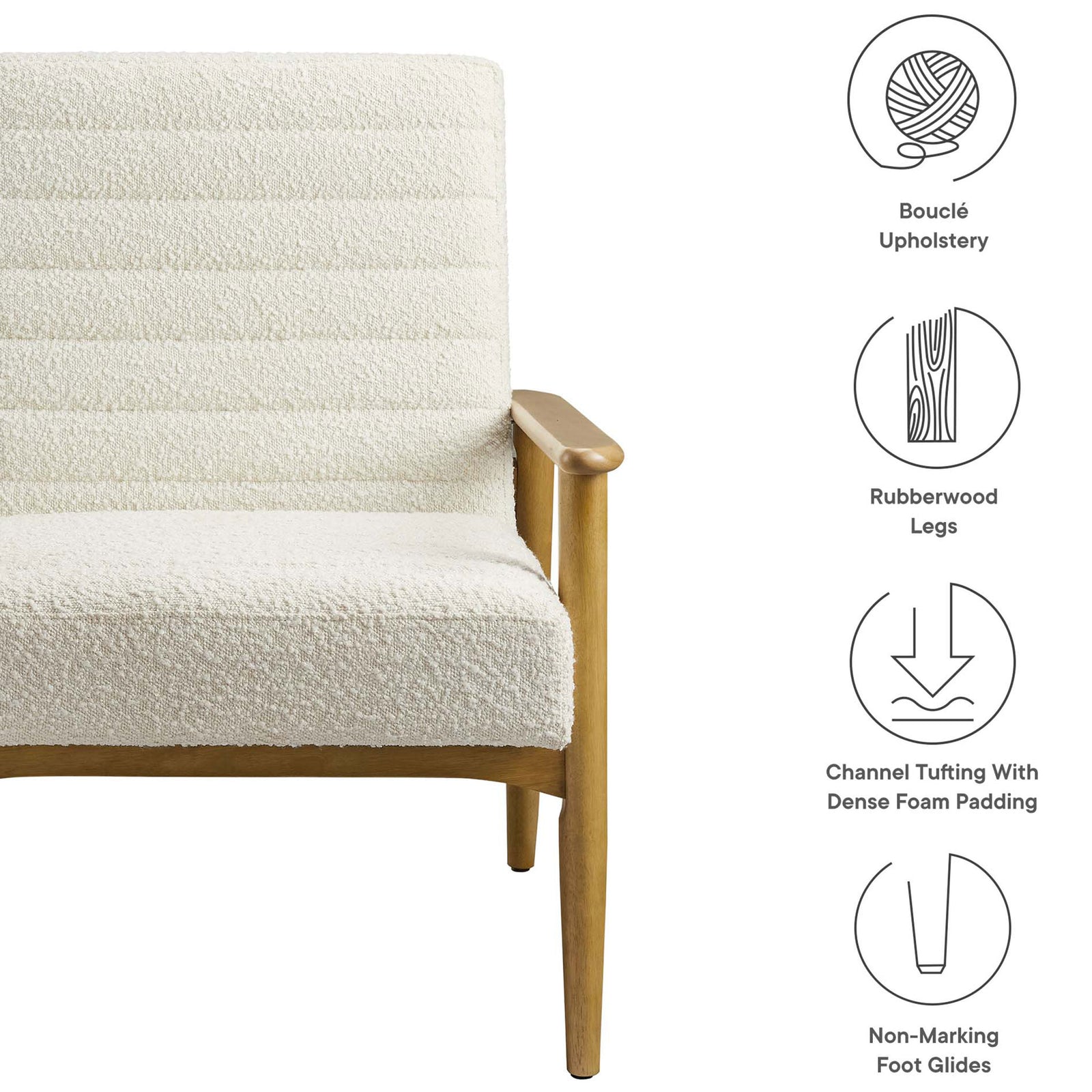 Key features include boucle upholstery, rubberwood legs, channel tufting, and non-marking foot glides || EEI-6780-FRO-IVO || callout_studio