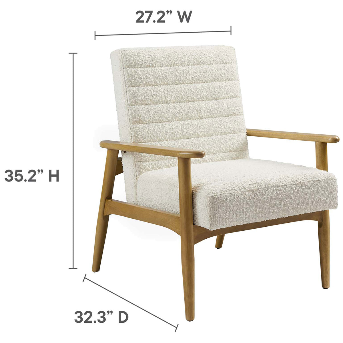 Size shown is 32.3 in. D x 27.2 in. W x 35.2 in. H for a compact, comfortable accent chair || EEI-6780-FRO-IVO || dimension_studio