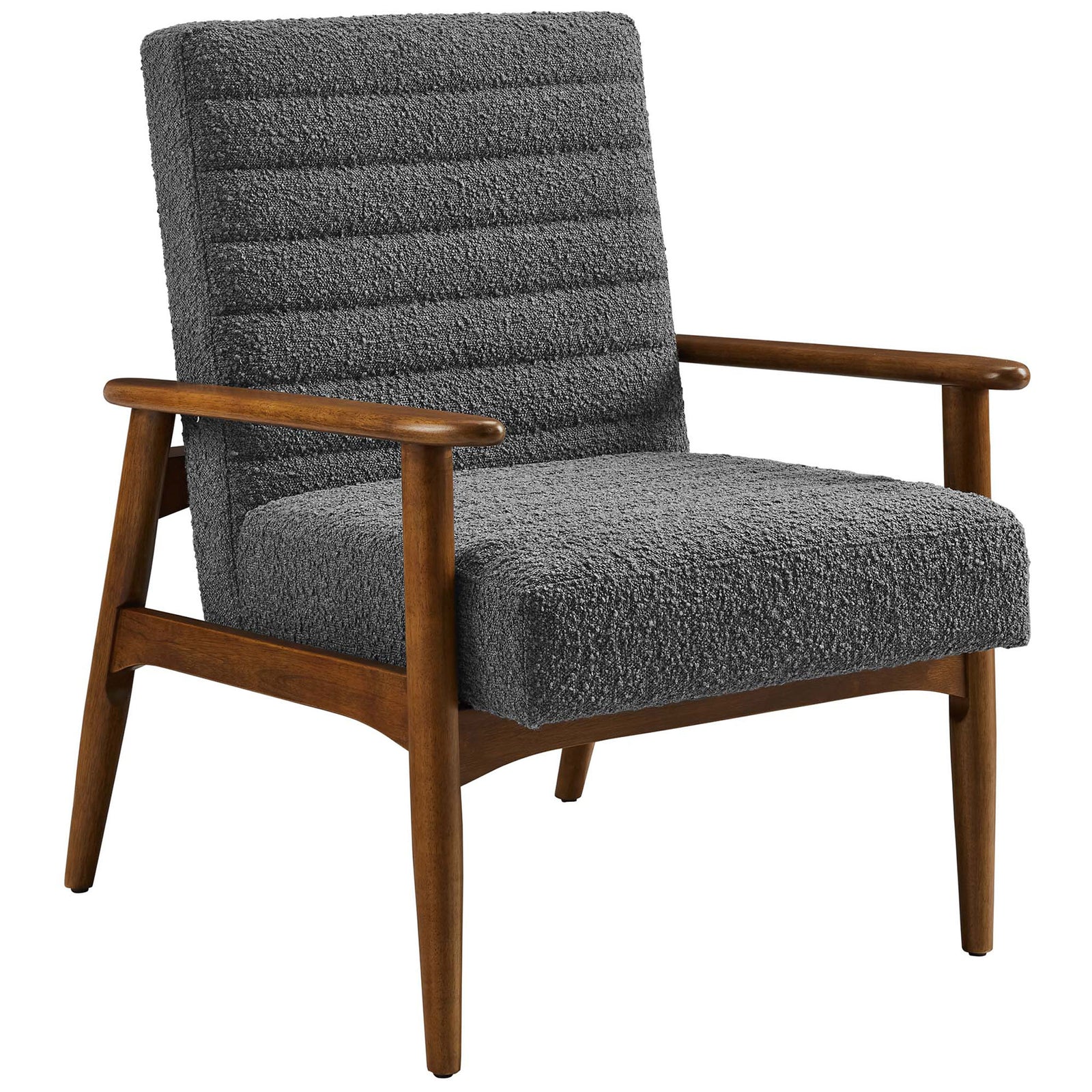 Mid-century chair with charcoal boucle upholstery and walnut wood frame for a warm, sculptural look. || EEI-6780-WAL-CHA || front_angle_studio