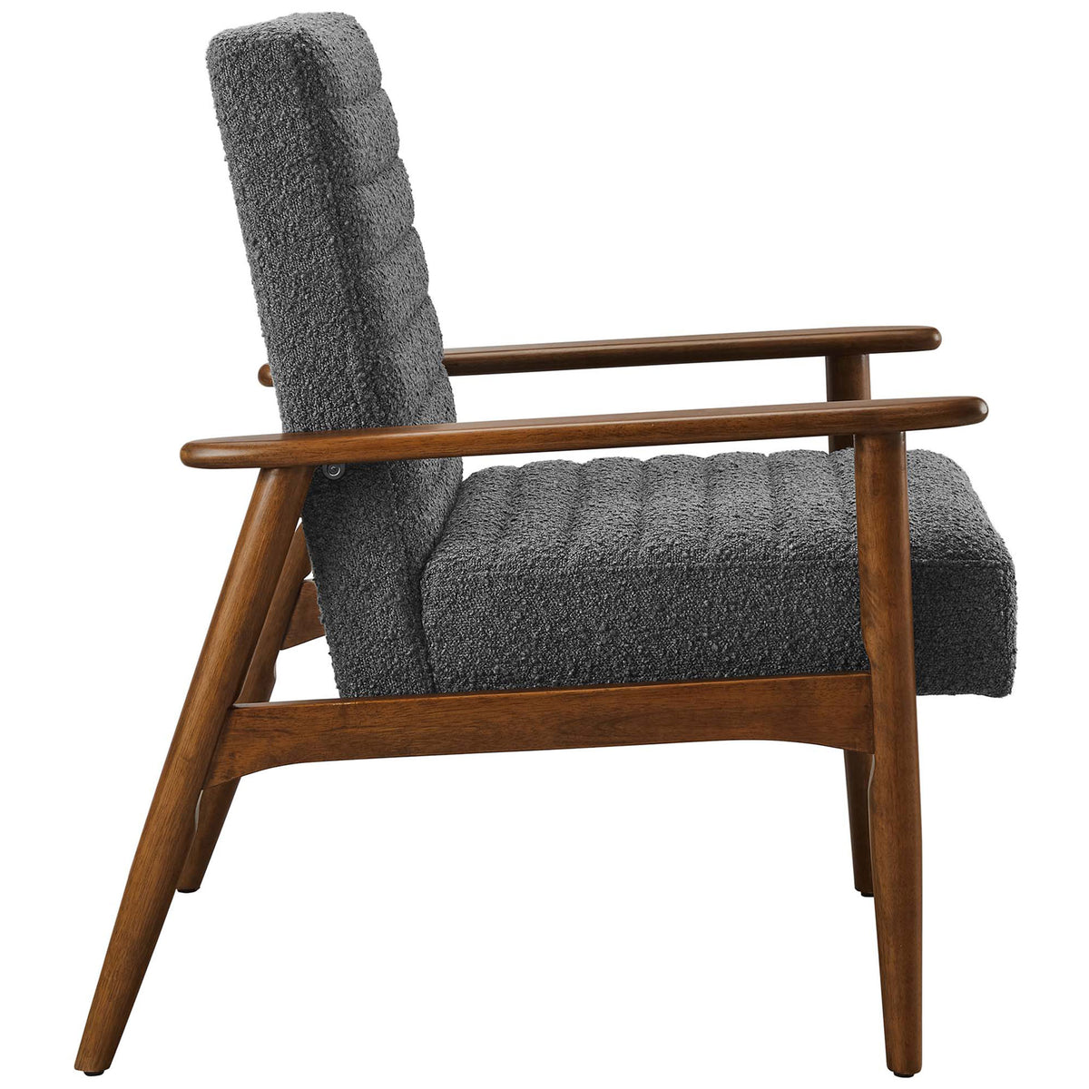 Sleek open-arm profile with tapered rubberwood legs and plush, channel-tufted cushioning. || EEI-6780-WAL-CHA || side_studio