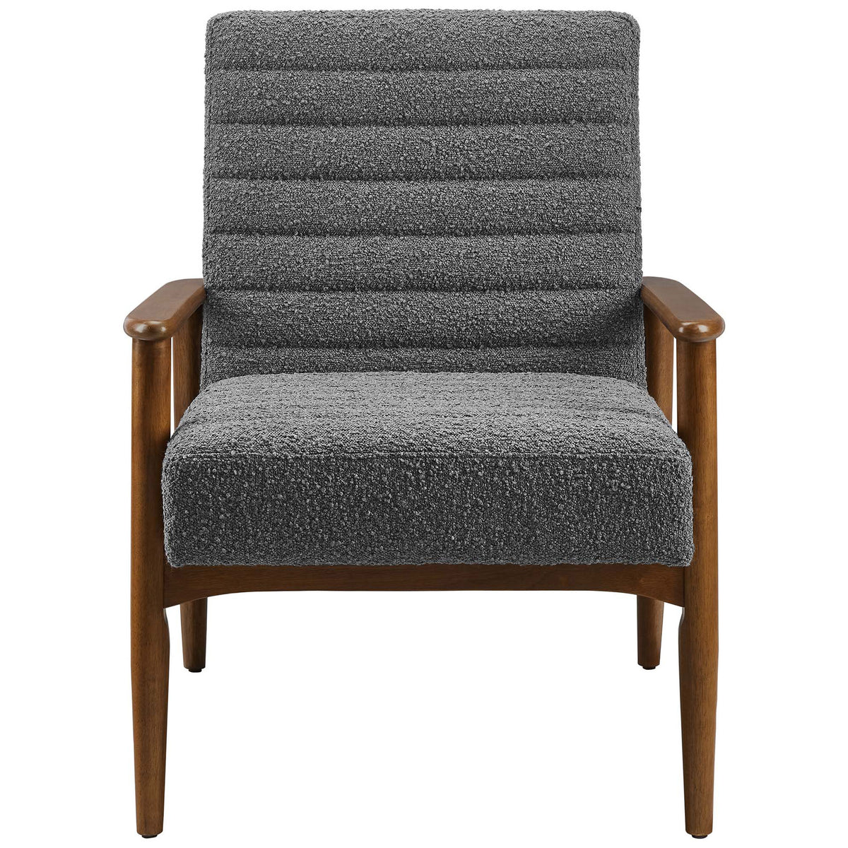 Horizontal channel tufting and thick foam seat deliver supportive comfort in cozy charcoal boucle. || EEI-6780-WAL-CHA || front_studio