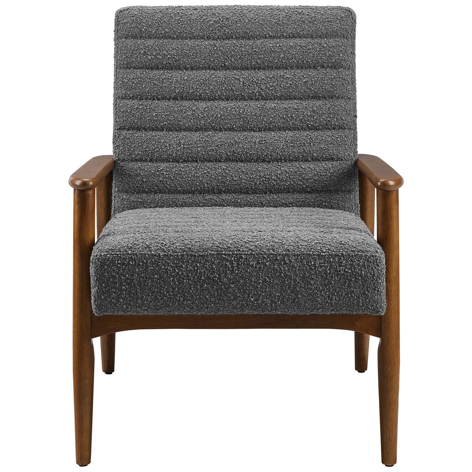 Horizontal channel tufting and thick foam seat deliver supportive comfort in cozy charcoal boucle. || EEI-6780-WAL-CHA || front_studio