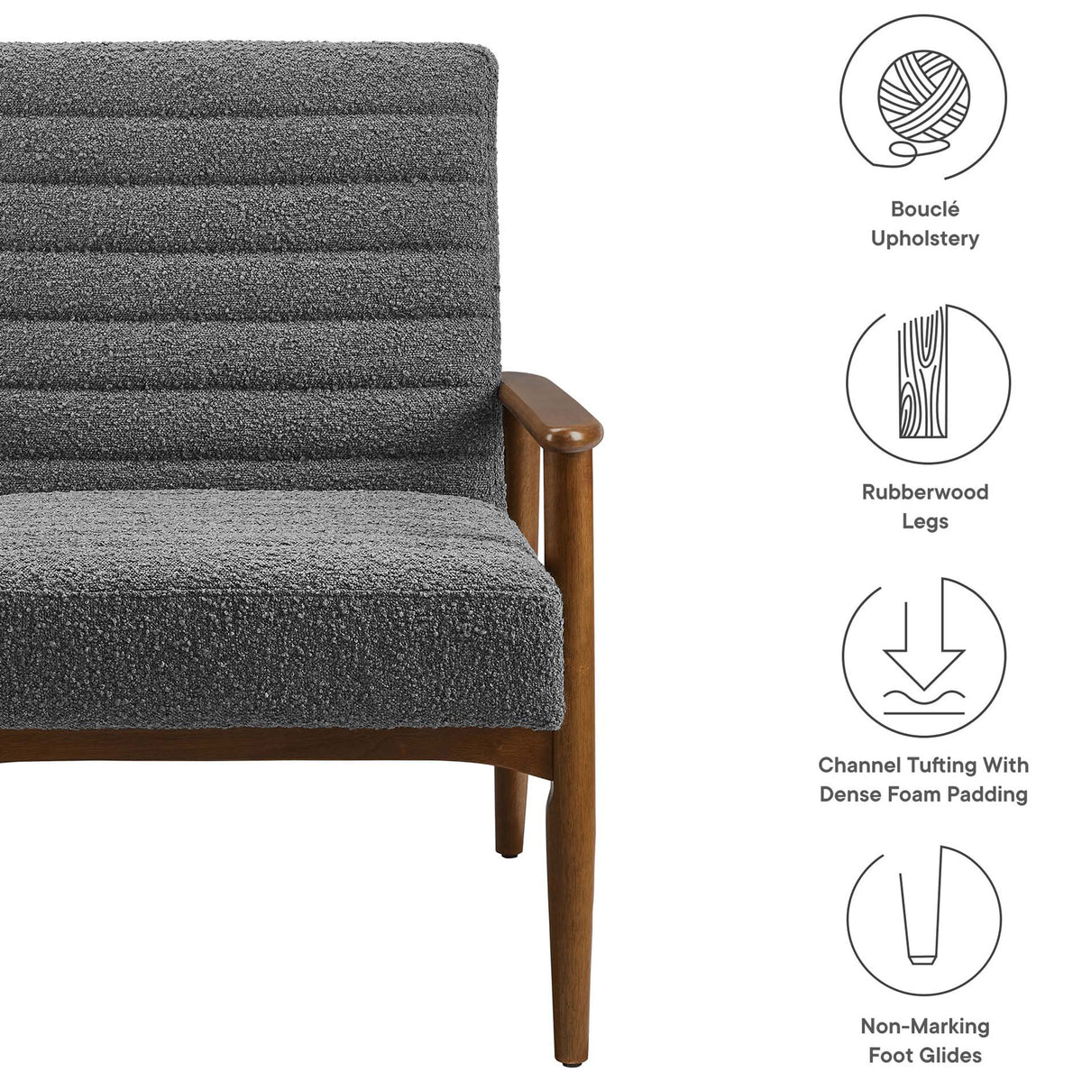 Boucle upholstery, rubberwood legs, and dense foam with channel tufting for everyday ease. || EEI-6780-WAL-CHA || callout_studio