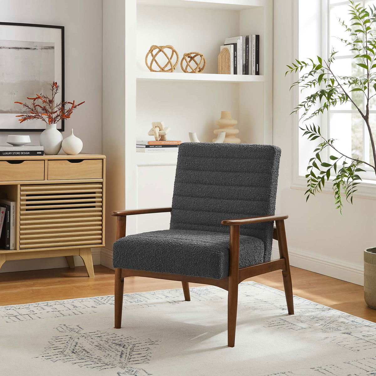 A refined mid-century silhouette elevates any space with boucle comfort and walnut warmth. || EEI-6780-WAL-CHA || front_angle_room