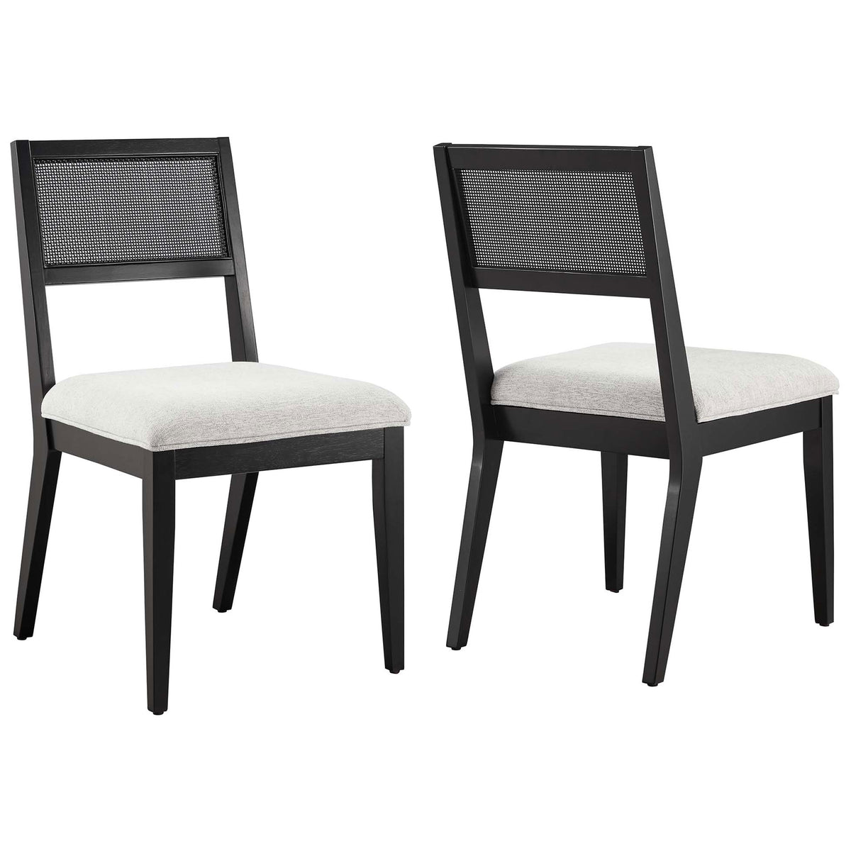 Set of two faux rattan dining chairs with soft gray seats and black wood frames for a polished modern look || EEI-6781-BLK-HLG || front_angle_multi_studio
