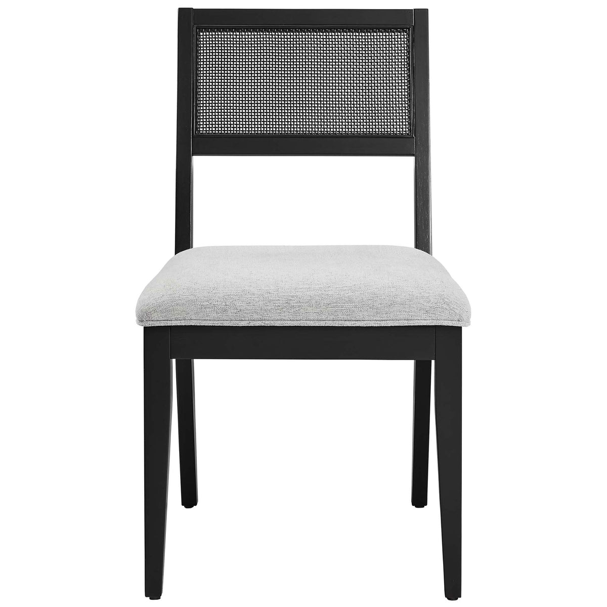 Faux rattan dining chair with light gray cushioned seat and sleek black wood frame for modern dining spaces || EEI-6781-BLK-HLG || front_studio