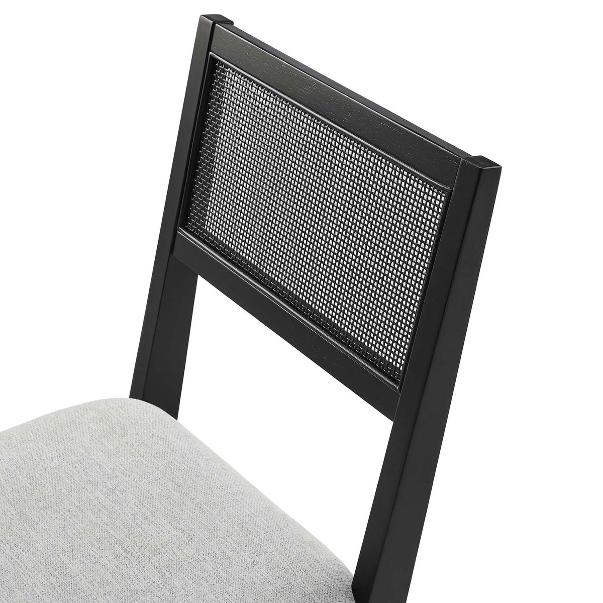 Woven cane back panel brings breathable texture and contrast to the smooth black wood frame of the chair || EEI-6781-BLK-HLG || detail_studio