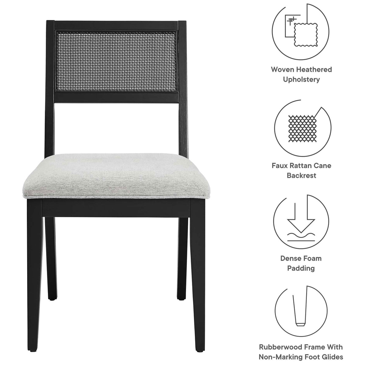 Highlighted features include woven upholstery, faux rattan cane back, dense foam seat, and non marking foot glides || EEI-6781-BLK-HLG || callout_studio