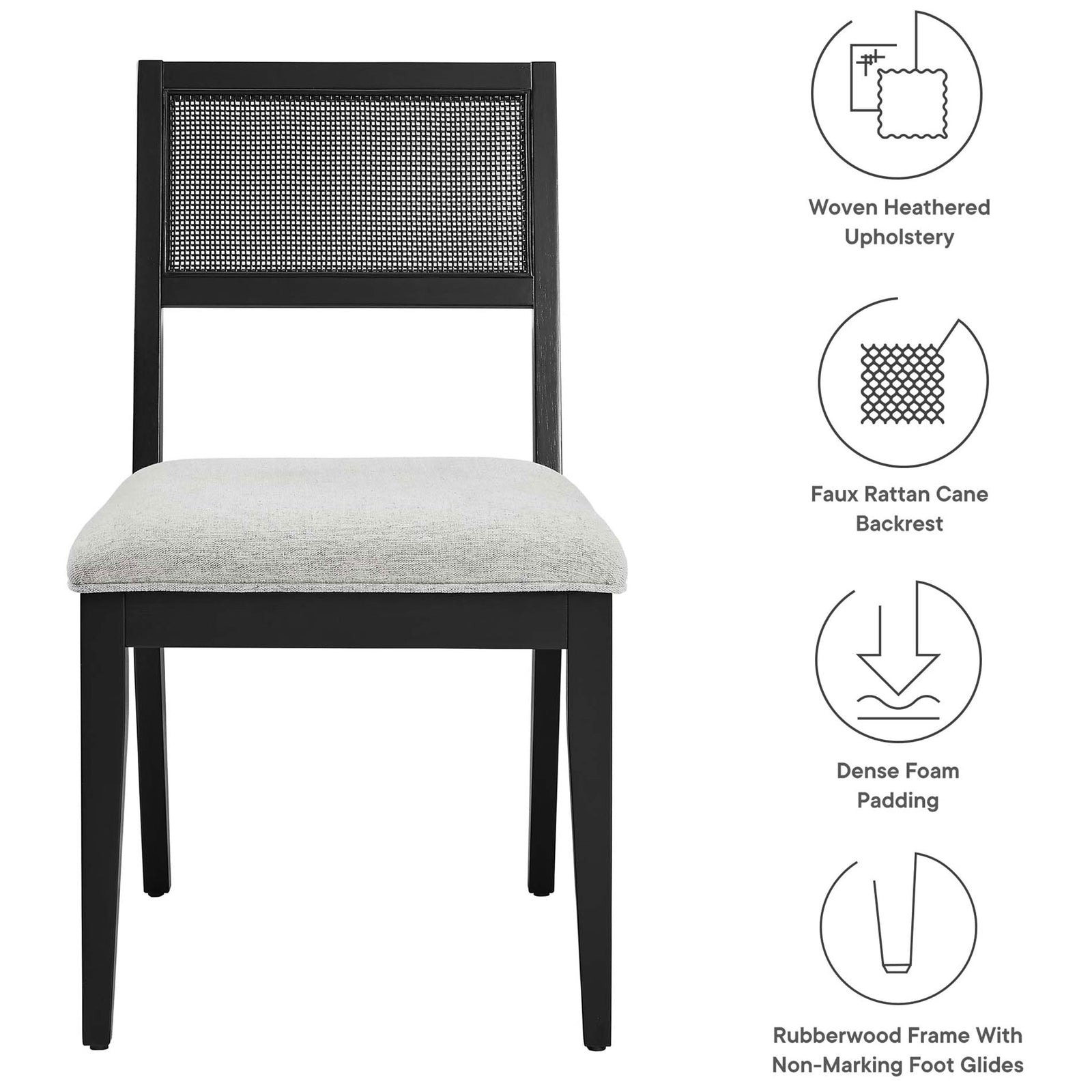 Highlighted features include woven upholstery, faux rattan cane back, dense foam seat, and non marking foot glides || EEI-6781-BLK-HLG || callout_studio