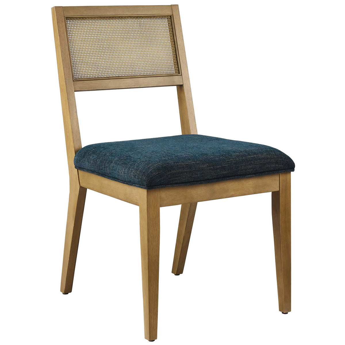 Cane back dining chair with rich blue heathered seat and clean-lined rubberwood frame for versatile style || EEI-6781-FRO-HEA || front_angle_studio