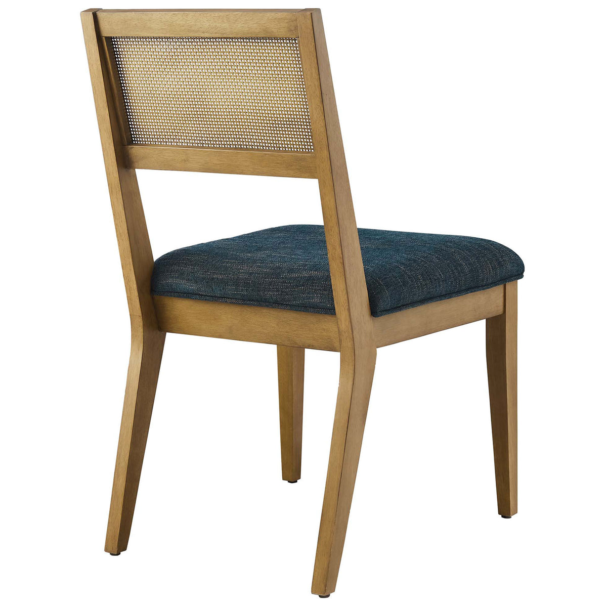 Cane backrest framed in warm wood with gently splayed legs for an airy, modern farmhouse dining chair || EEI-6781-FRO-HEA || back_angle_studio
