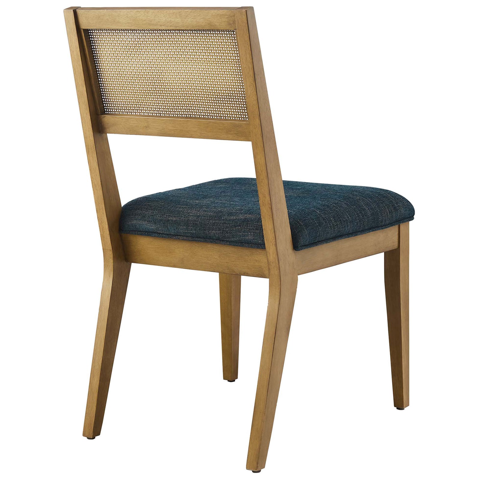 Cane backrest framed in warm wood with gently splayed legs for an airy, modern farmhouse dining chair || EEI-6781-FRO-HEA || back_angle_studio