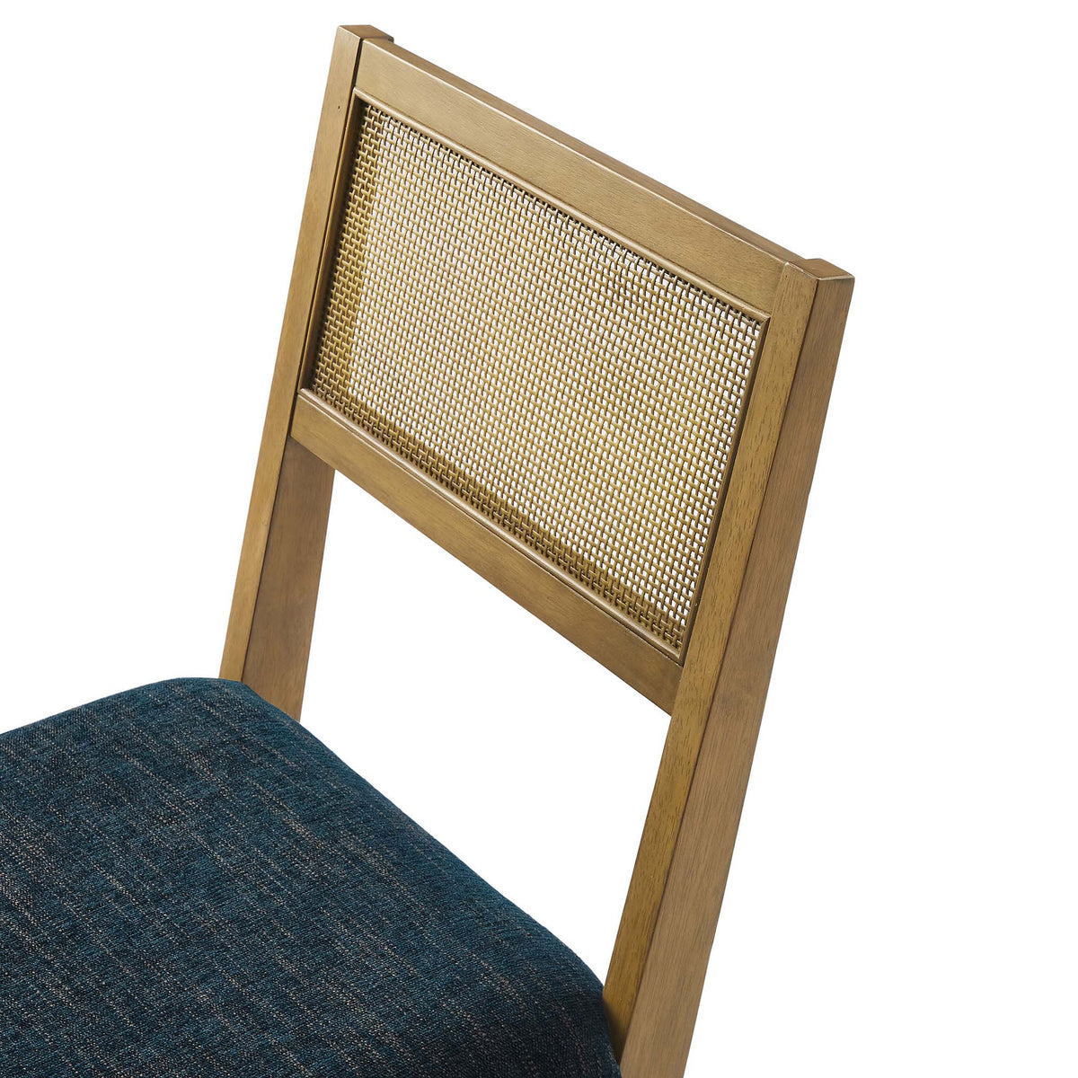 Woven faux rattan backrest paired with richly textured blue seat fabric for added visual interest || EEI-6781-FRO-HEA || detail_studio