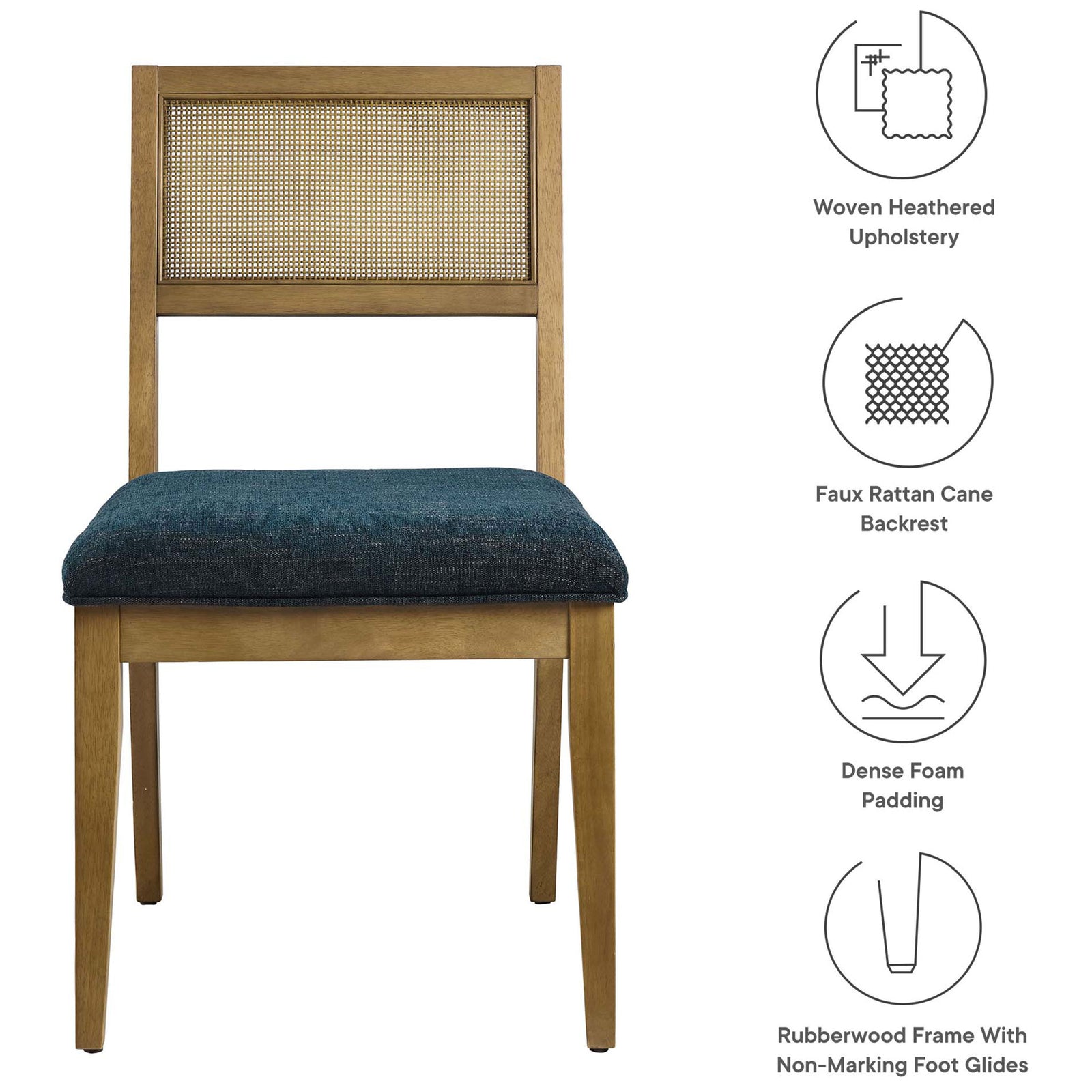 Key features of the Nimba dining chair including heathered upholstery, cane backrest, dense foam, and wood frame || EEI-6781-FRO-HEA || callout_studio
