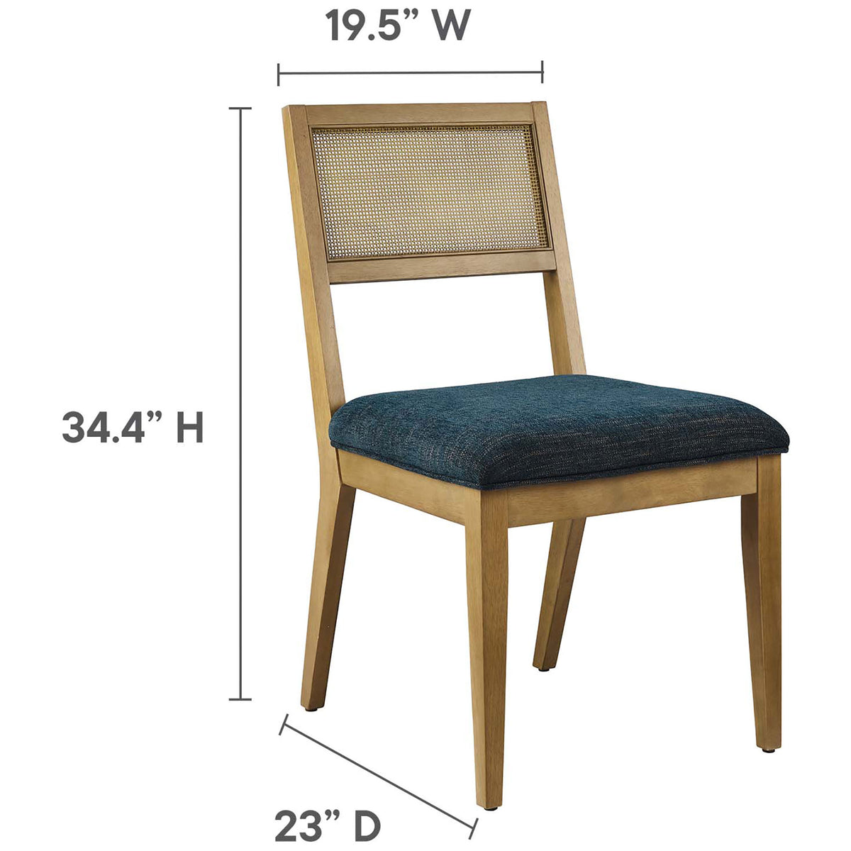 Dimensions of the Nimba cane back dining chair with cushioned blue seat and compact, space saving profile || EEI-6781-FRO-HEA || dimension_studio