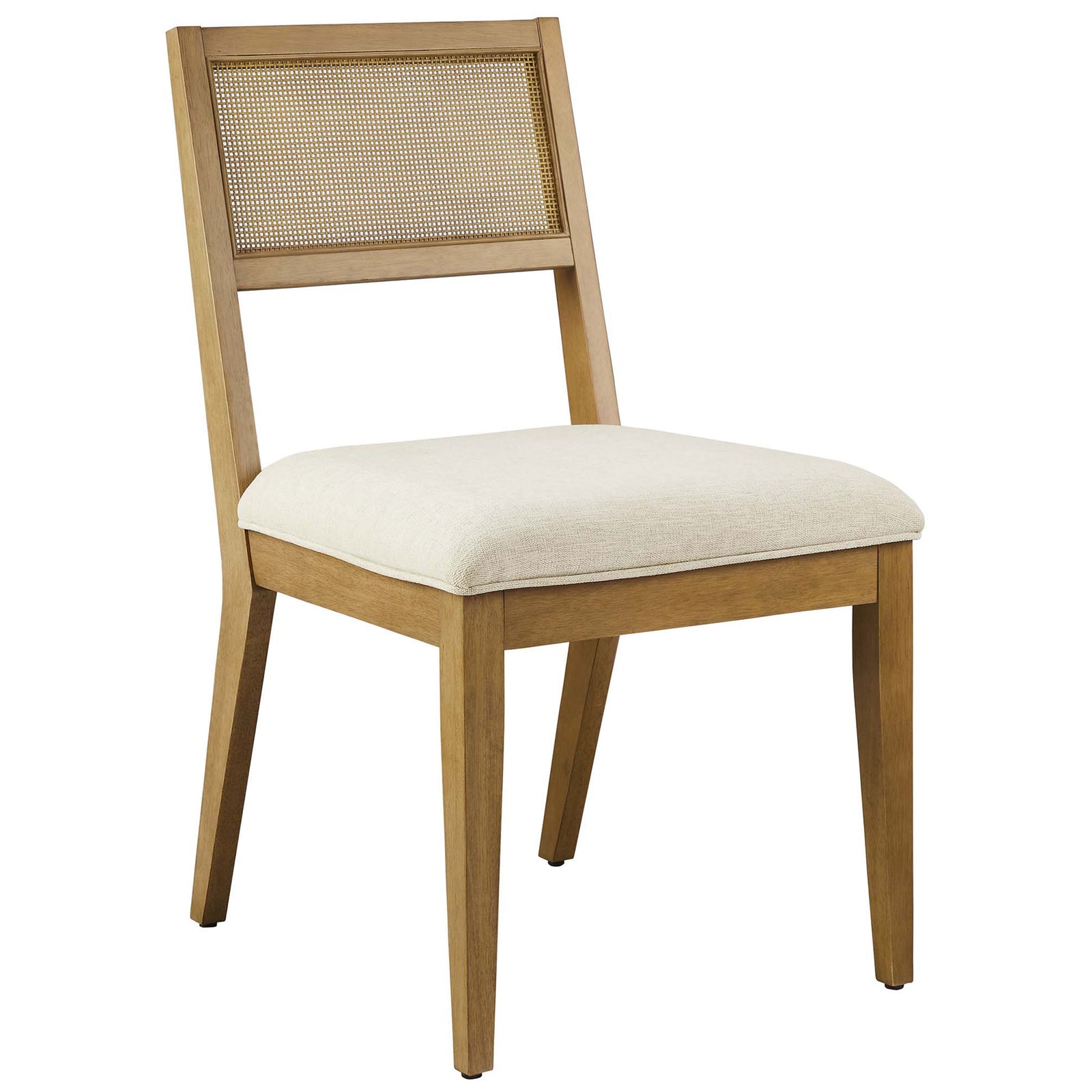 Faux rattan dining chair with cushioned heathered ivory seat and tapered wood legs || EEI-6781-FRO-HEI || front_angle_studio