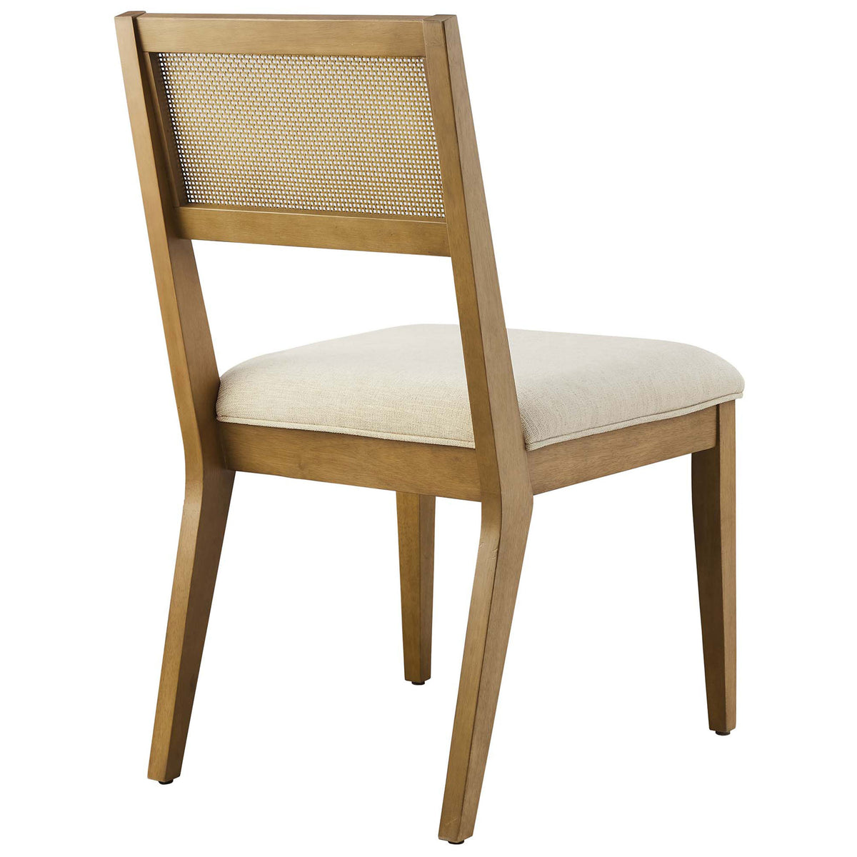 Dining chair showcasing a faux rattan cane back framed by smooth wood || EEI-6781-FRO-HEI || back_angle_studio
