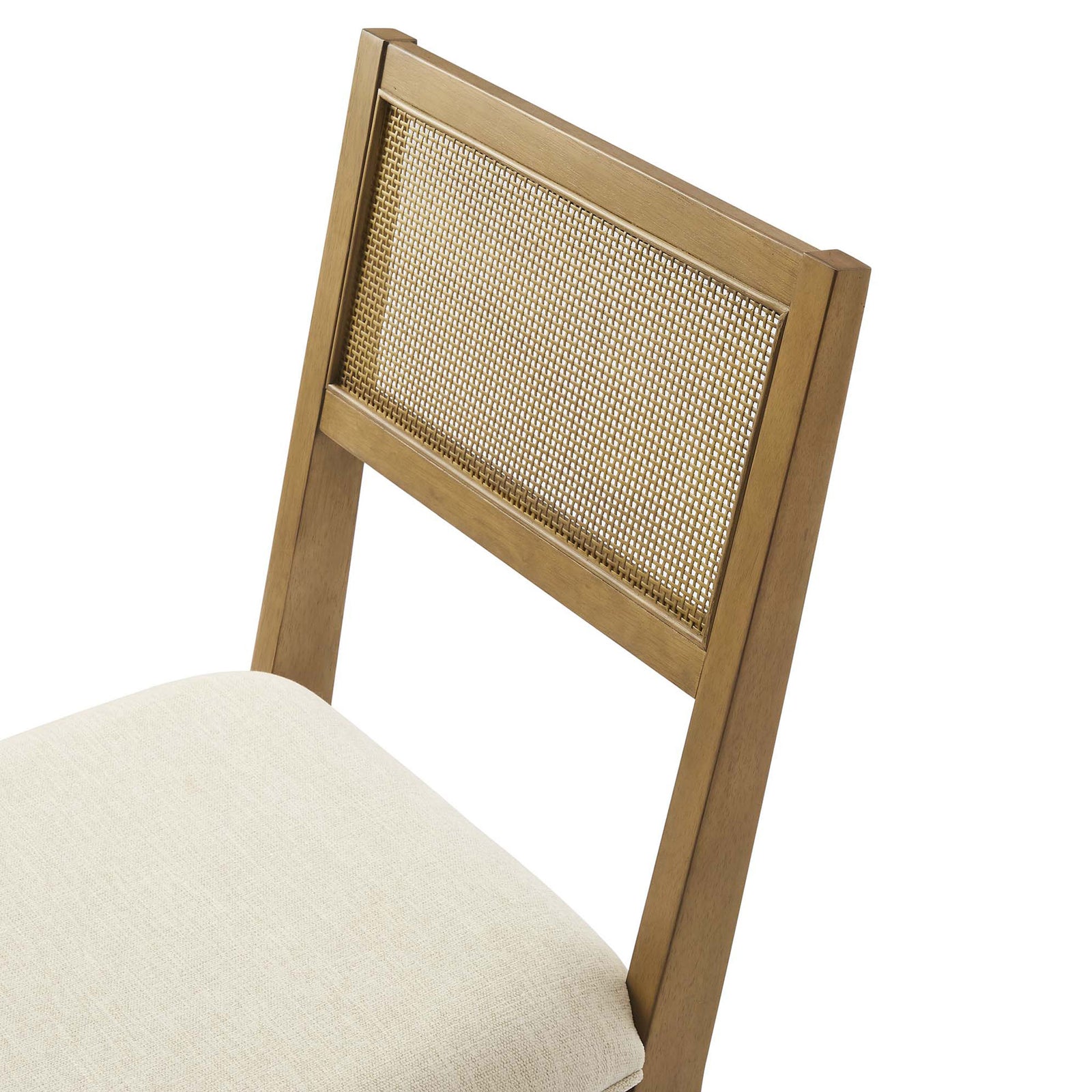 Faux rattan cane backrest panel framed in warm wood with soft upholstered seat || EEI-6781-FRO-HEI || detail_studio
