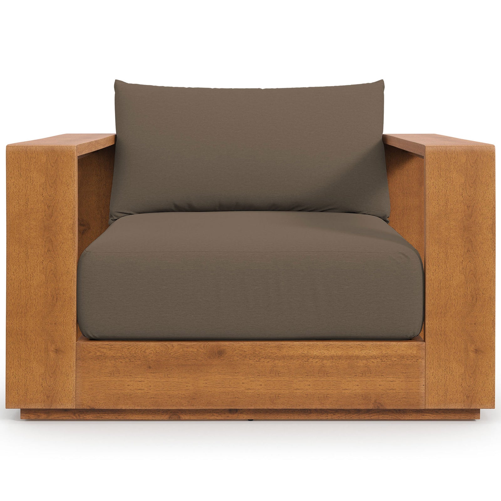 Tahoe acacia outdoor lounge chair with extra-thick cocoa cushions and bold low-profile silhouette || EEI-6782-NAT-COA || front_studio