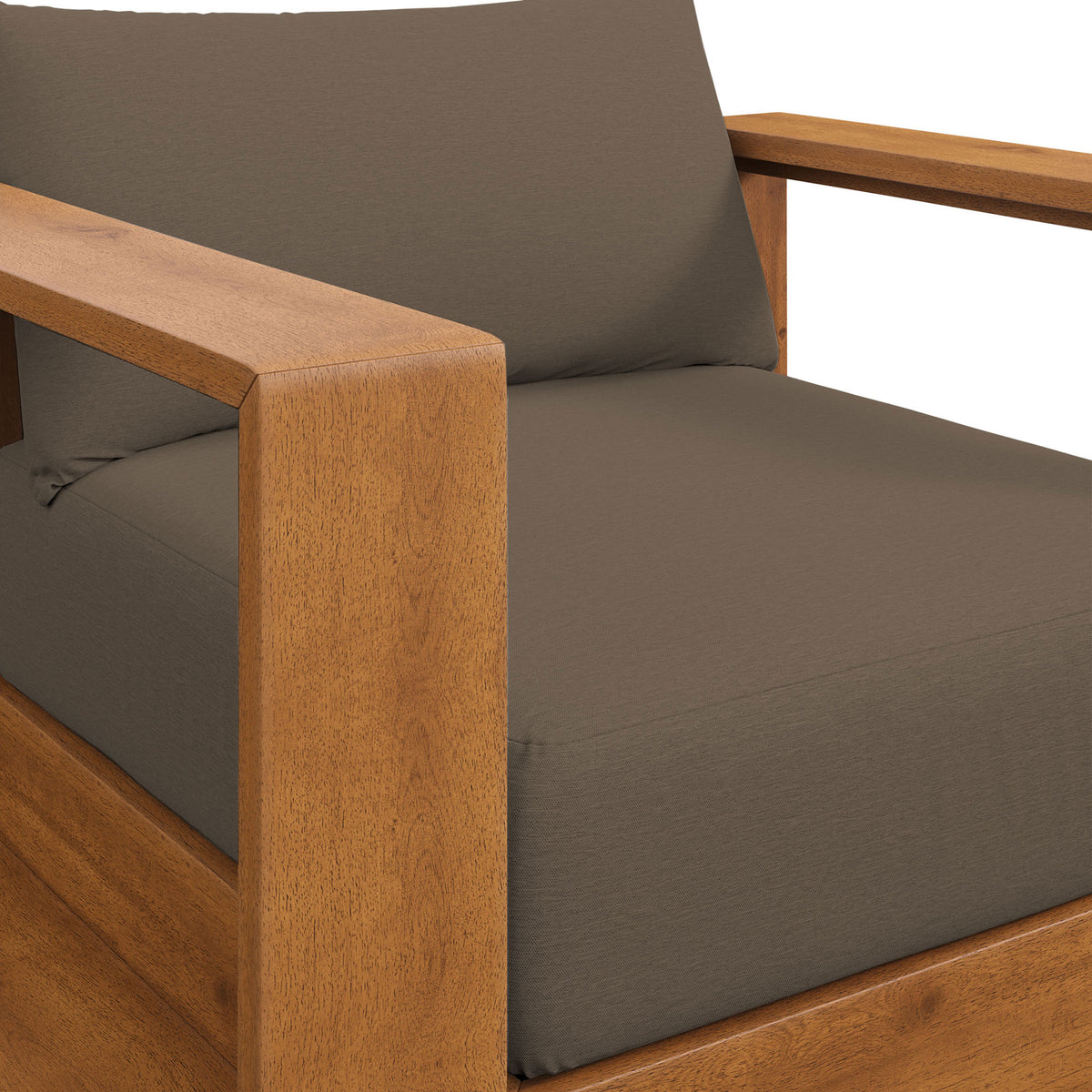 Tahoe chair arm showcasing smooth acacia wood grain and neatly tailored cocoa upholstery || EEI-6782-NAT-COA || detail_studio
