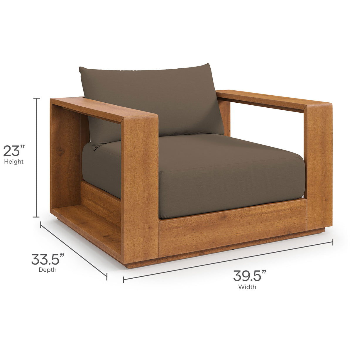 Dimension guide for the Tahoe acacia outdoor chair showing 23 inch height, 39.5 inch width, and 33.5 inch depth || EEI-6782-NAT-COA || dimension_studio