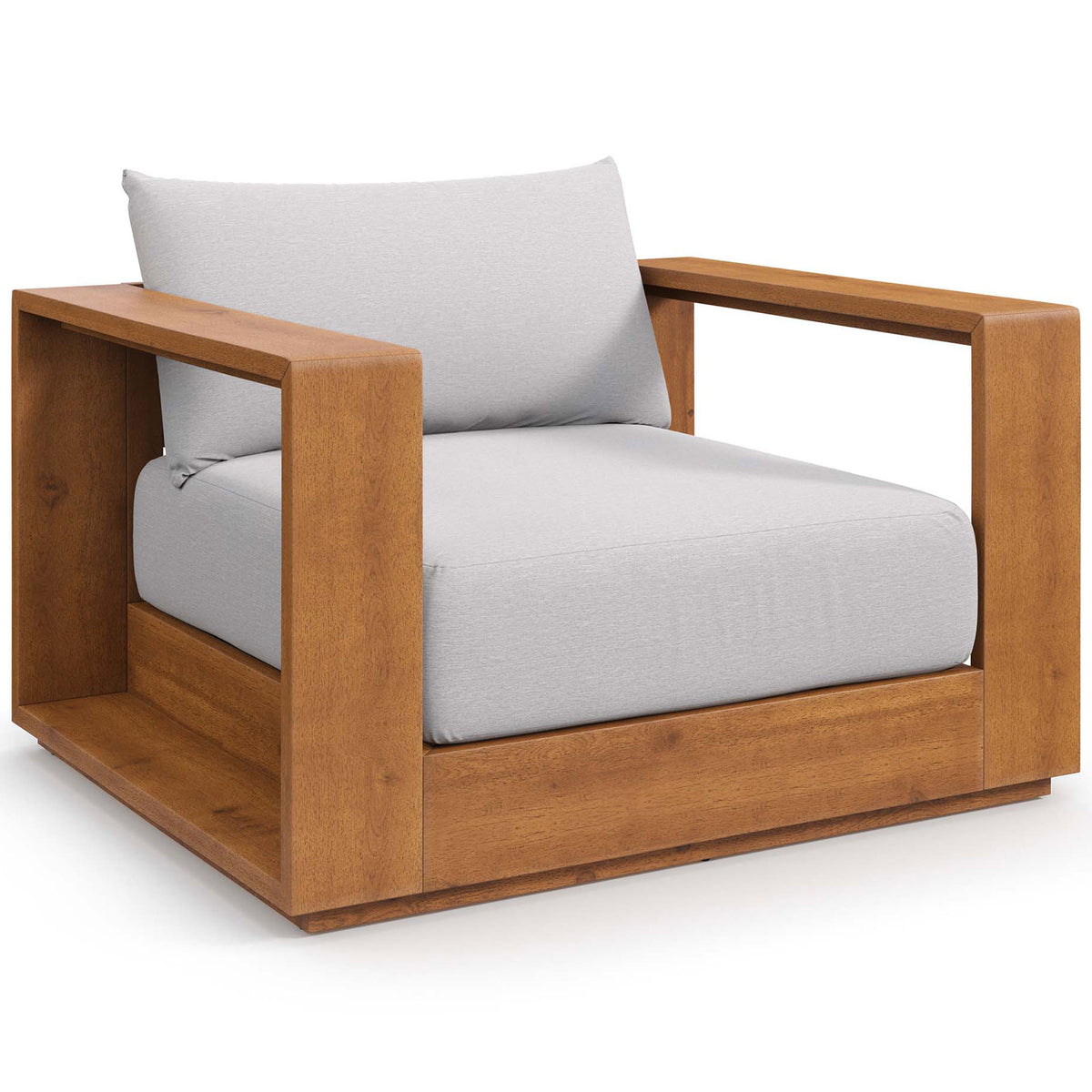 Wide-armed Tahoe patio chair showcasing warm acacia frame paired with soft light gray cushions || EEI-6782-NAT-LGR || front_angle_studio