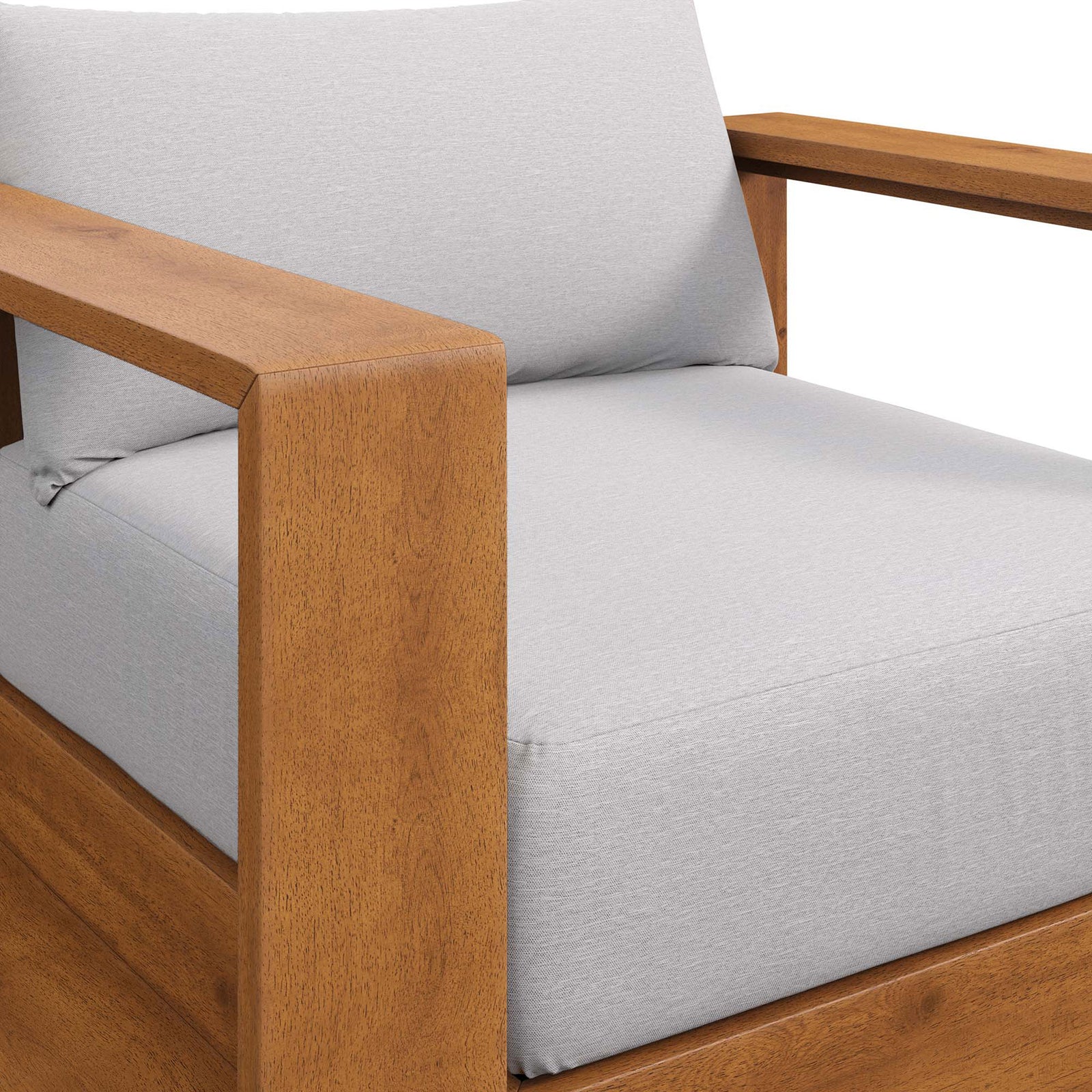 Tahoe chair arm showcasing smooth acacia wood grain and cleanly tailored light gray upholstery || EEI-6782-NAT-LGR || detail_studio