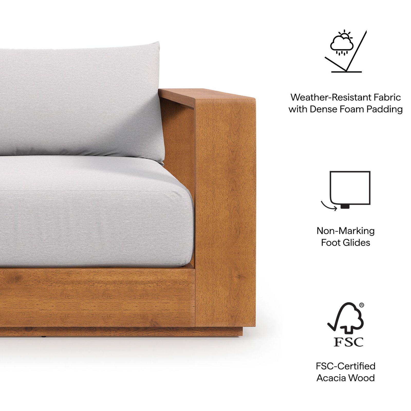 Feature highlights of the Tahoe acacia outdoor chair with weather-resistant cushions and non-marking foot glides || EEI-6782-NAT-LGR || callout_studio