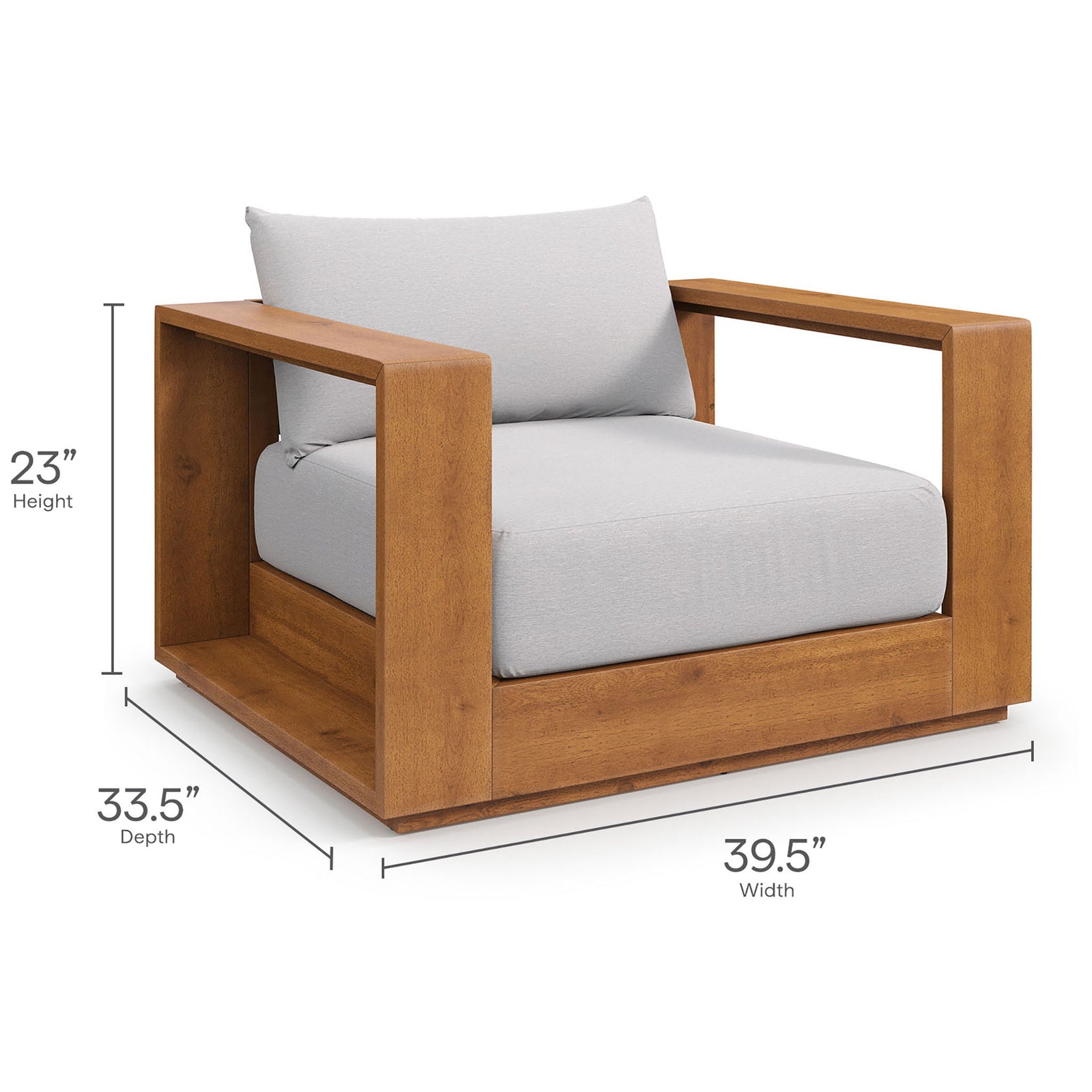 Dimension guide for the Tahoe acacia outdoor chair showing 23 inch height, 39.5 inch width, and 33.5 inch depth || EEI-6782-NAT-LGR || dimension_studio